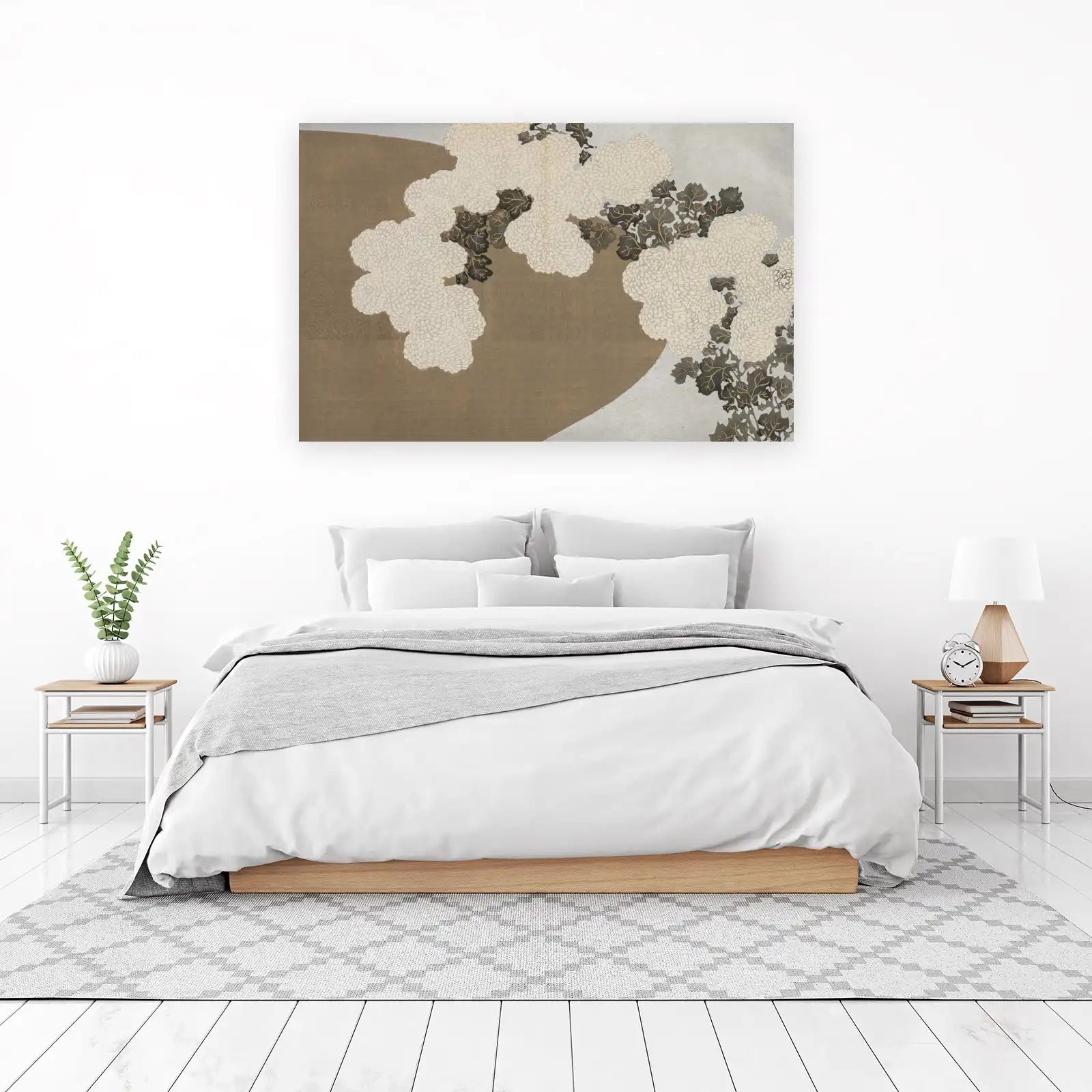 Elegant White Chrysanthemums & Leaves Wall Art