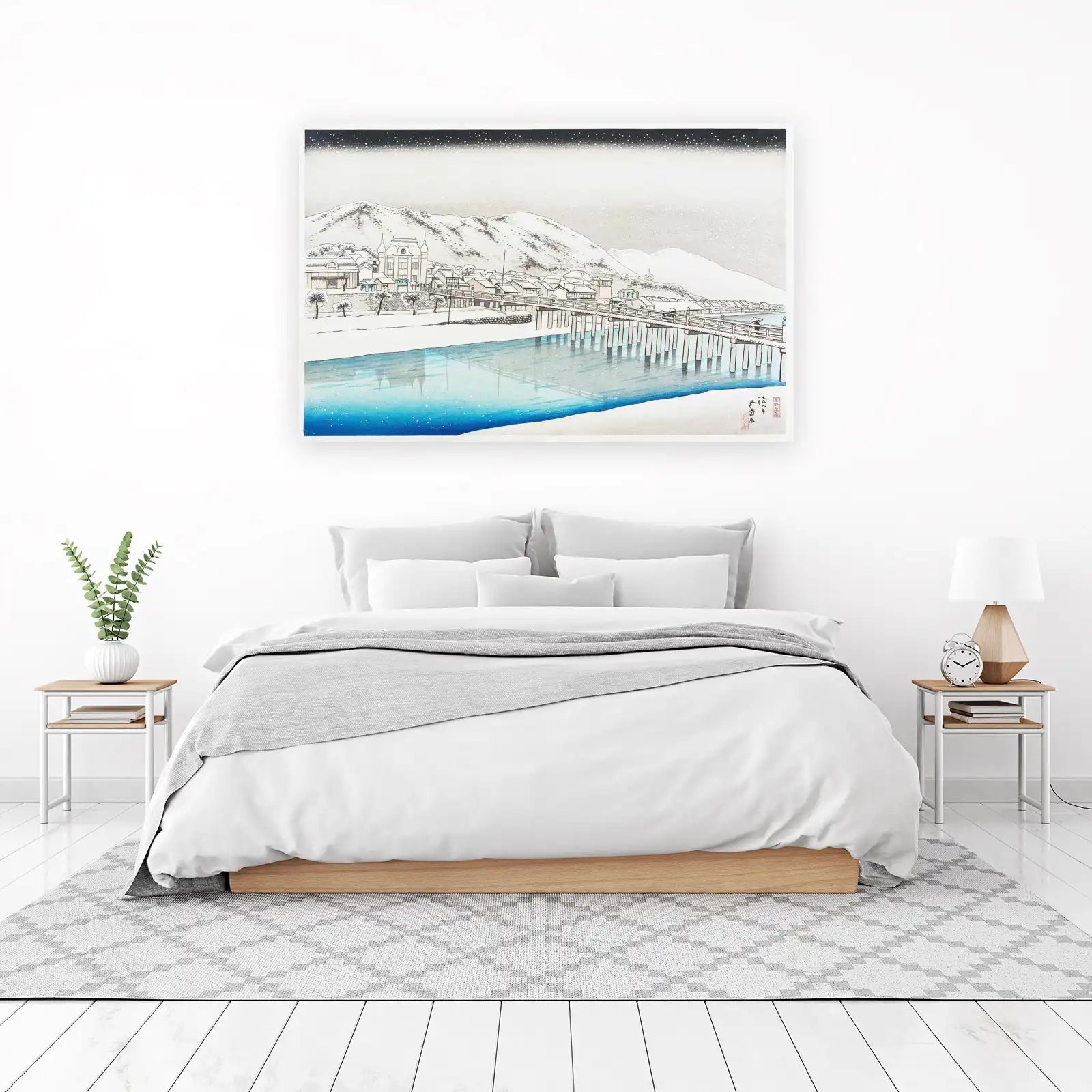 Serene Winter River Bridge Japanese Art Wall Art