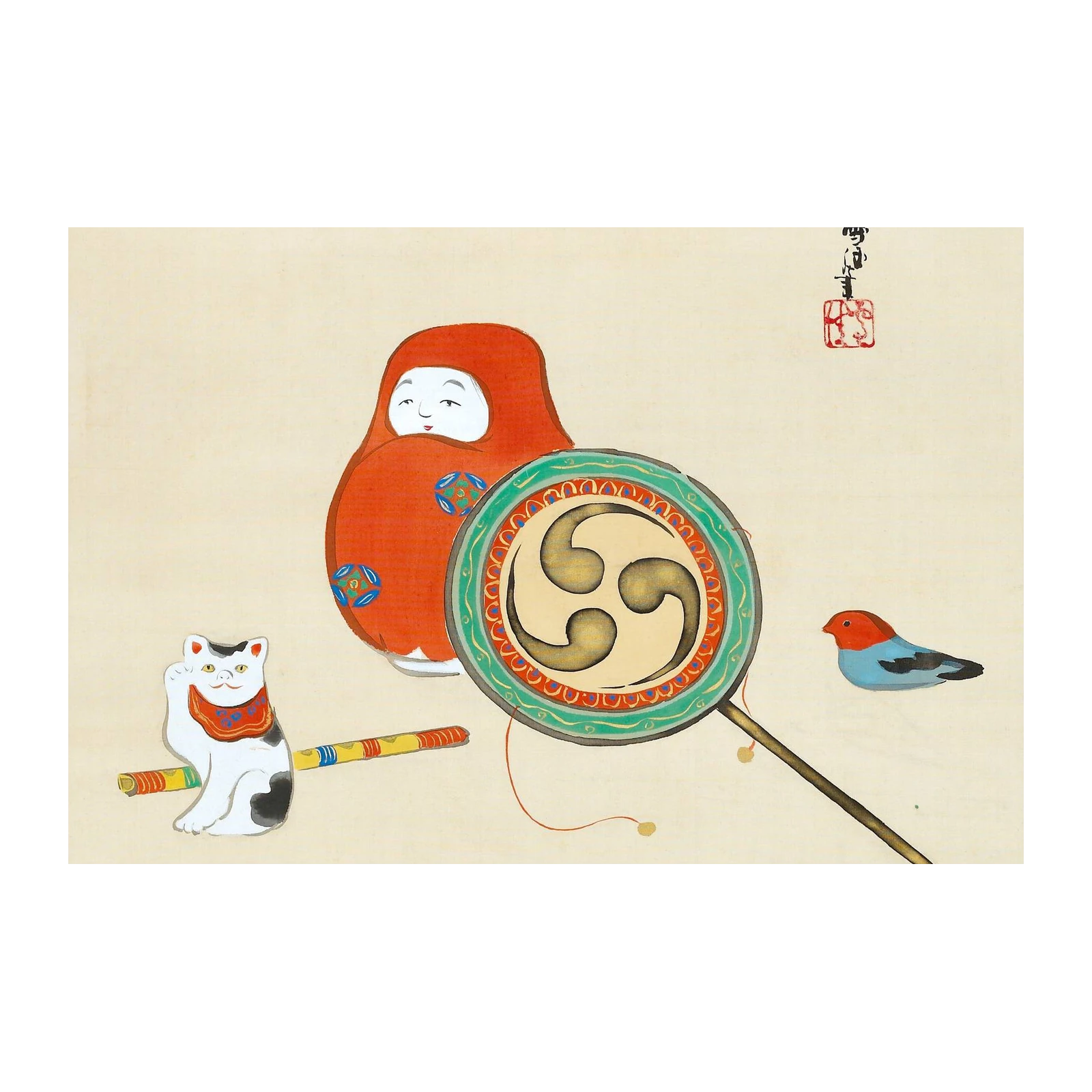 Japanese Lucky Charm Daruma Cat Bird Wall Art