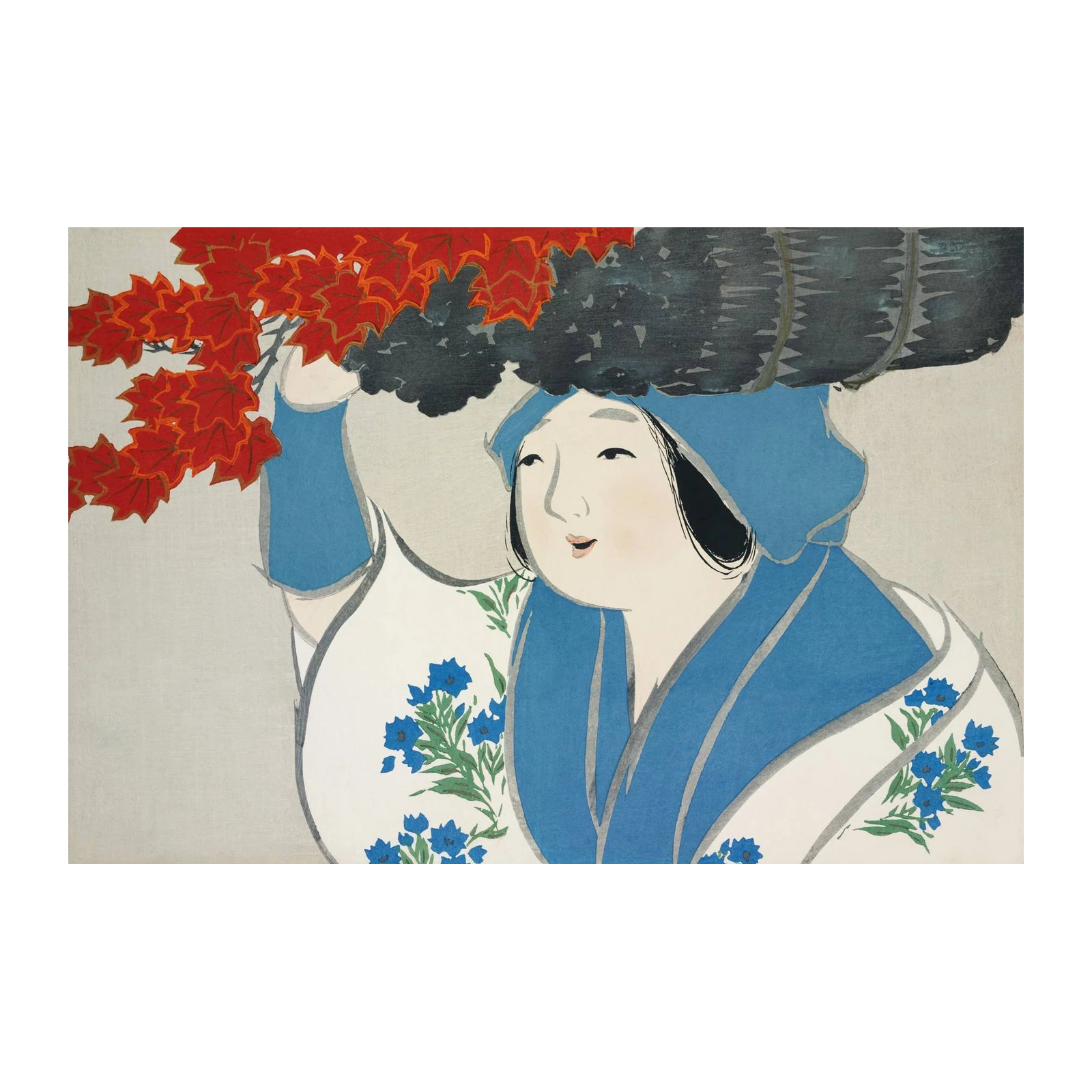 Vibrant Japanese Woman Red Maple Wall Art
