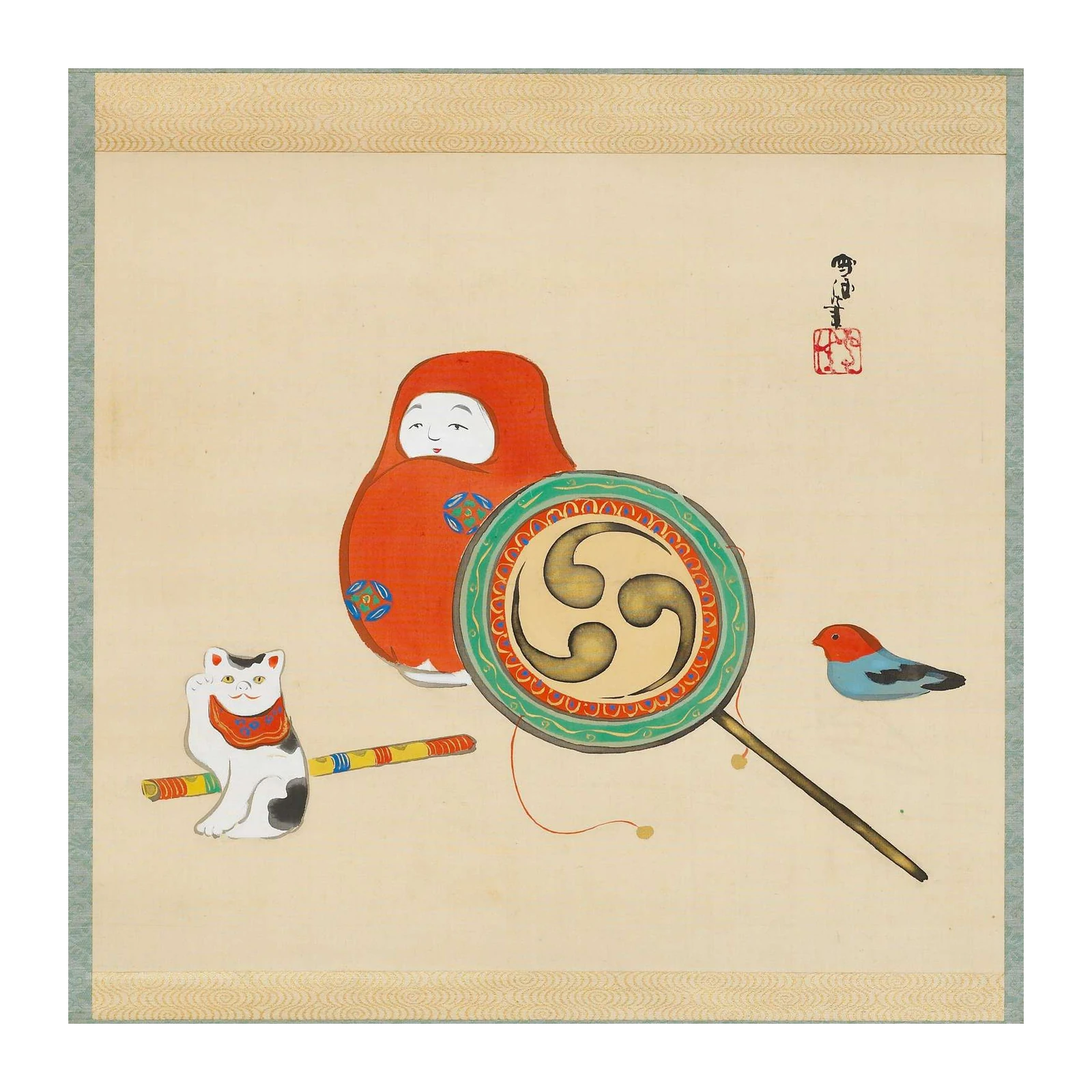Daruma Lucky Cat Bird Japanese Art Wall Art