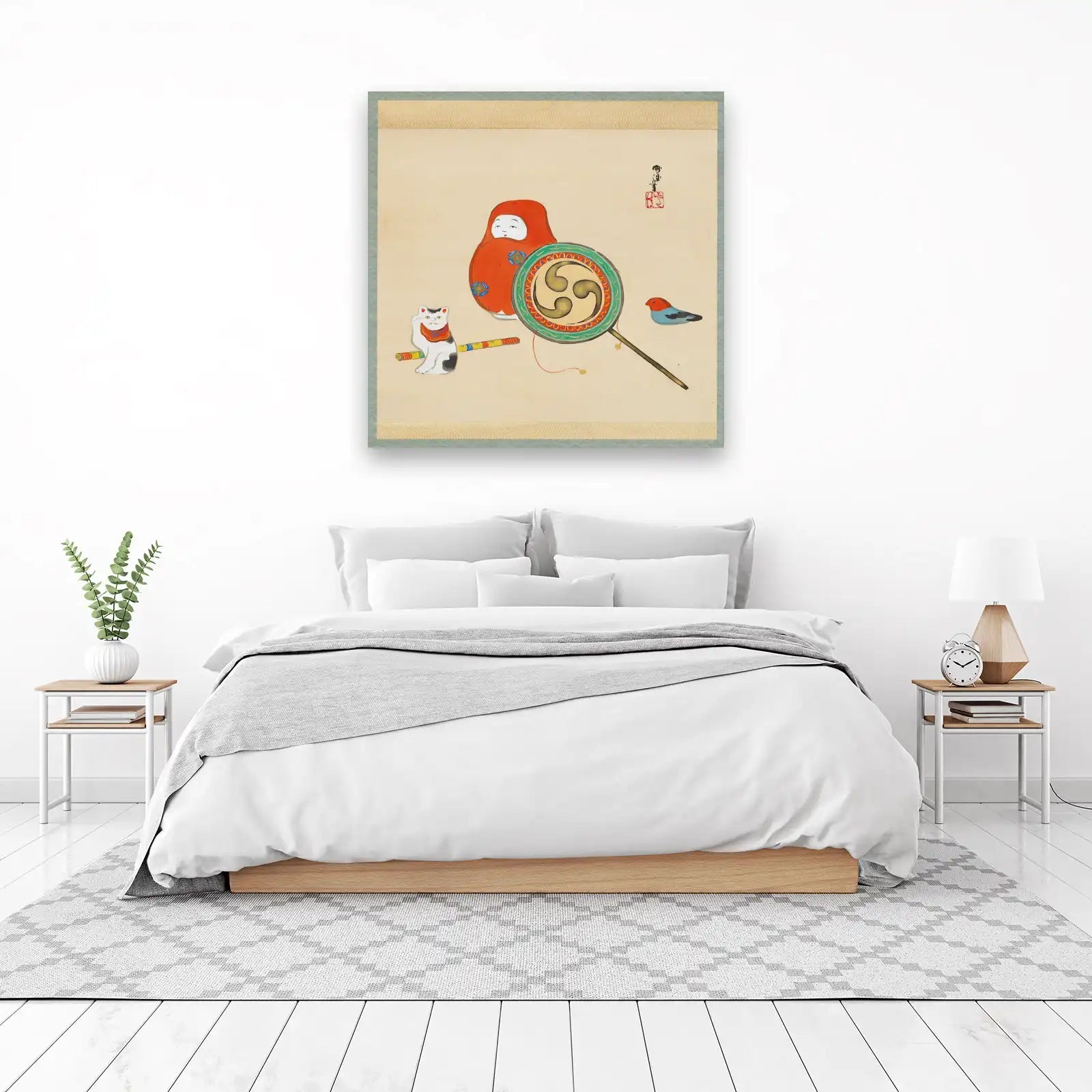 Daruma Lucky Cat Bird Japanese Art Wall Art