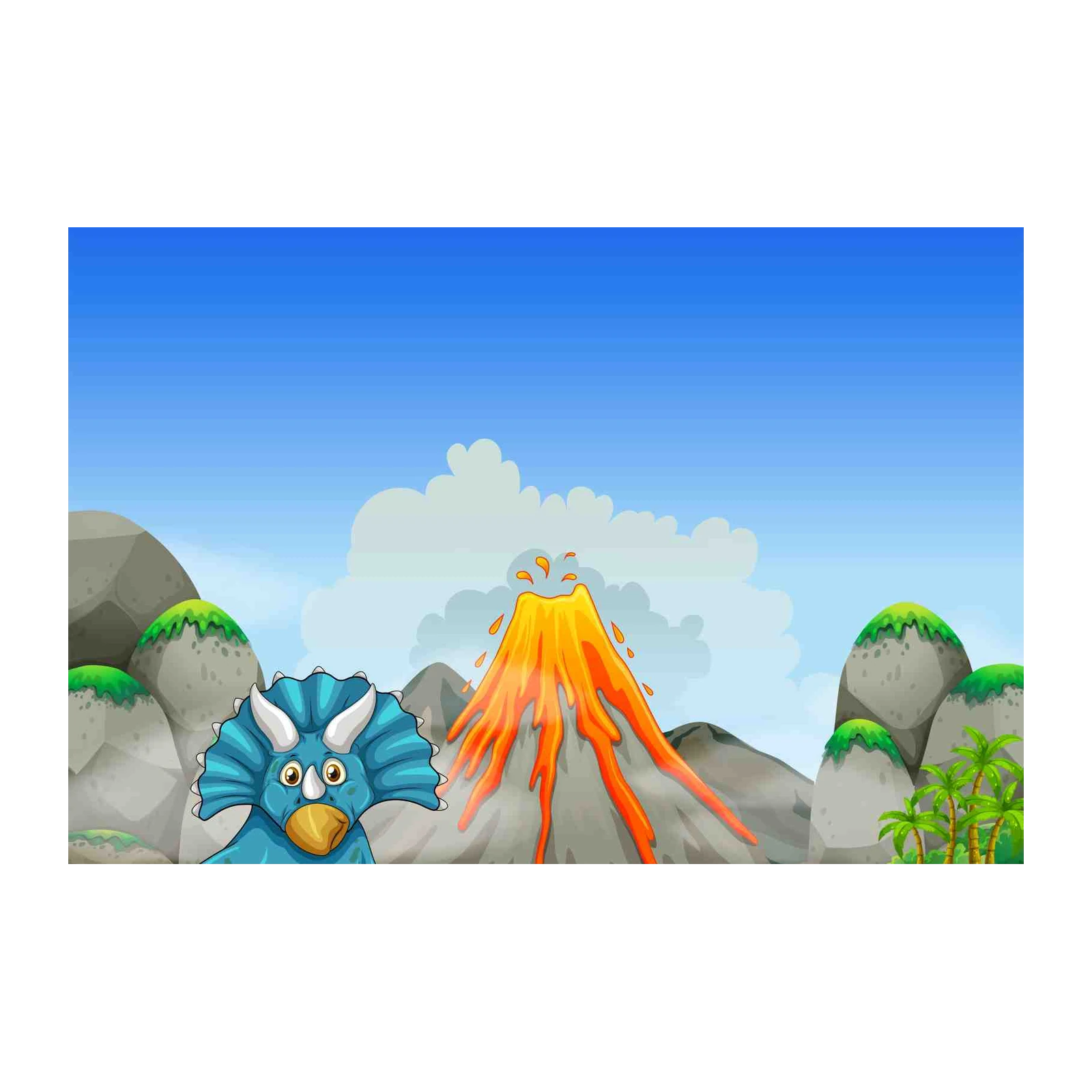 Cute Blue Triceratops Volcano Beach Wall Art