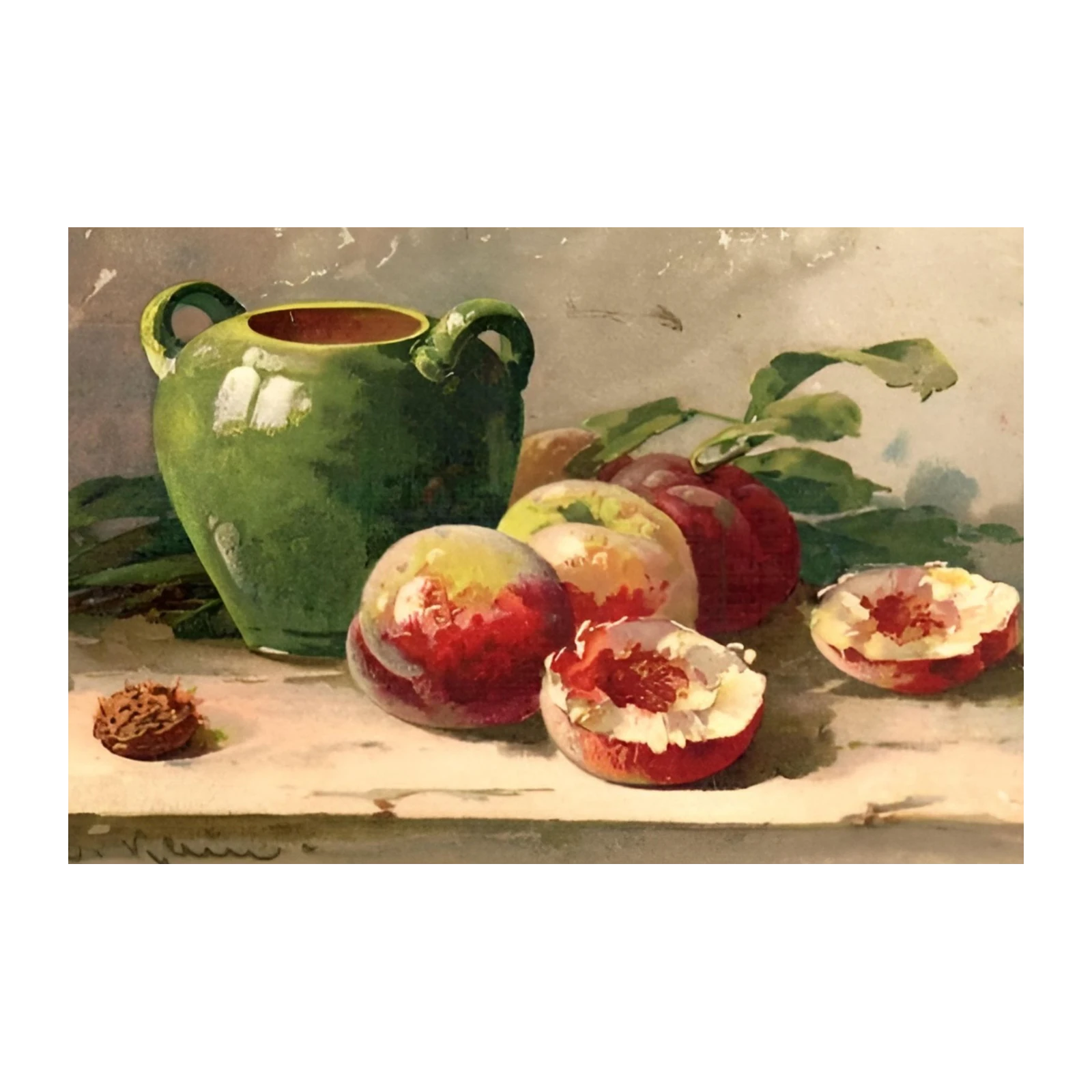 Vibrant Still Life Peaches & Green Vase Wall Art