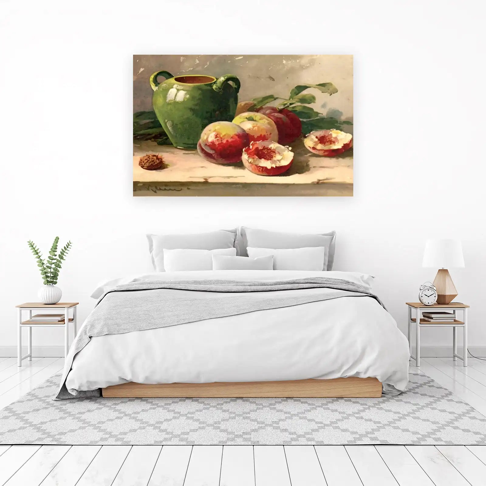 Vibrant Still Life Peaches & Green Vase Wall Art