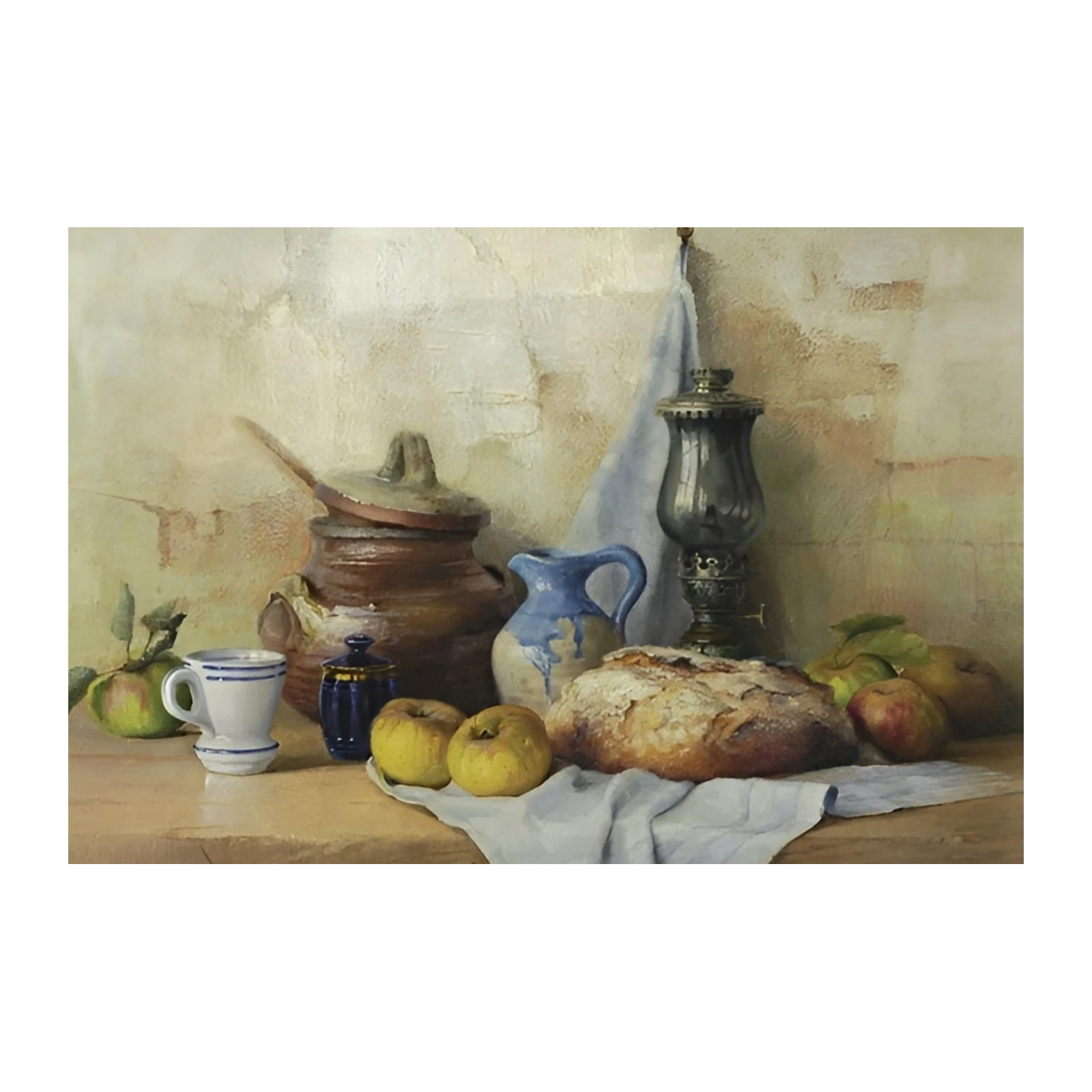 Rustic Still Life Bread Apples Oil Painting Wall Art