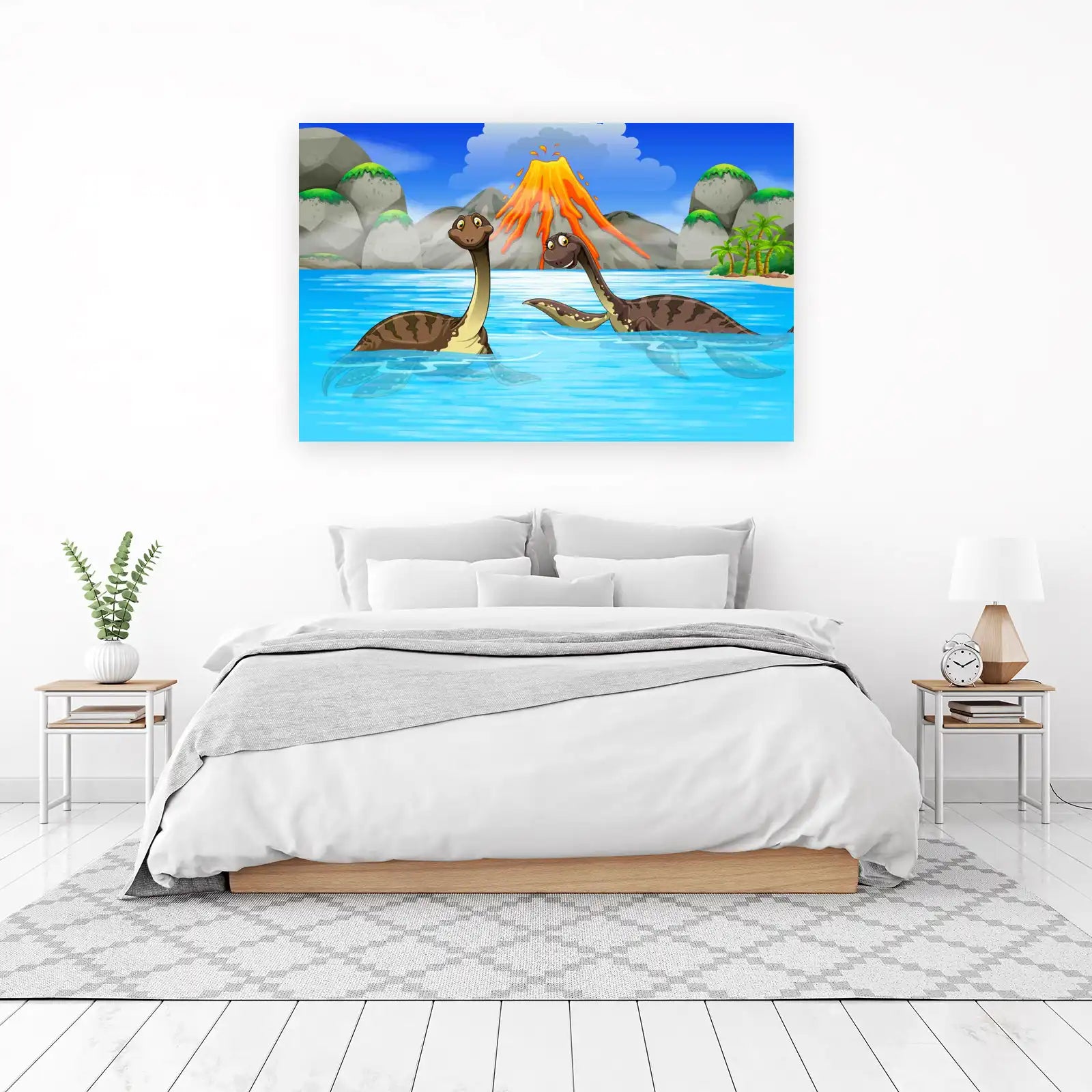 Playful Dinosaurs Volcano Ocean Wall Art
