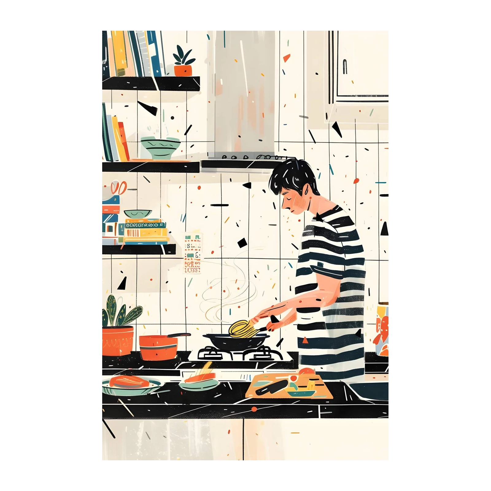 Cozy Kitchen Scene Striped Shirt Wall Art