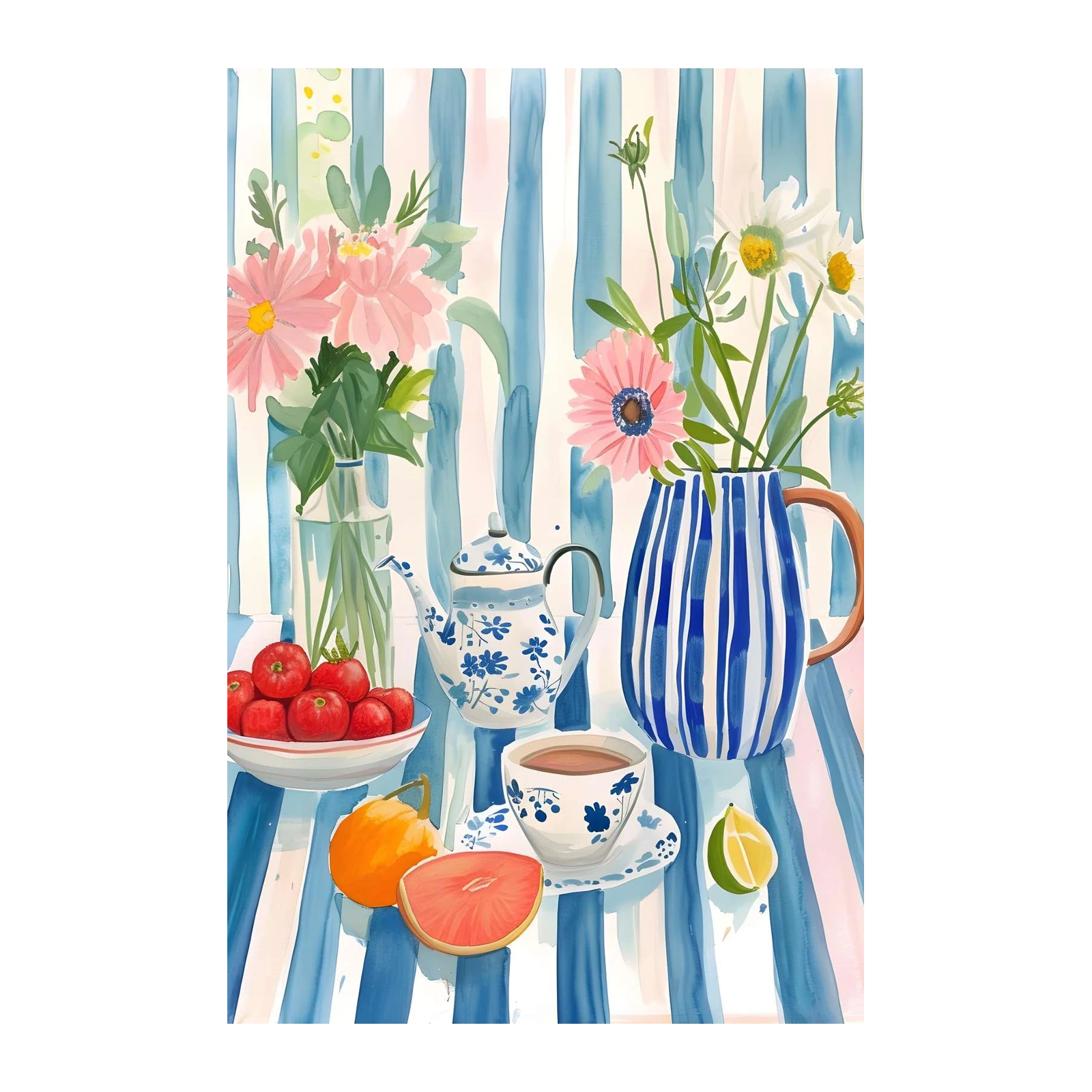 Charming Still Life Floral Tea Time Wall Art