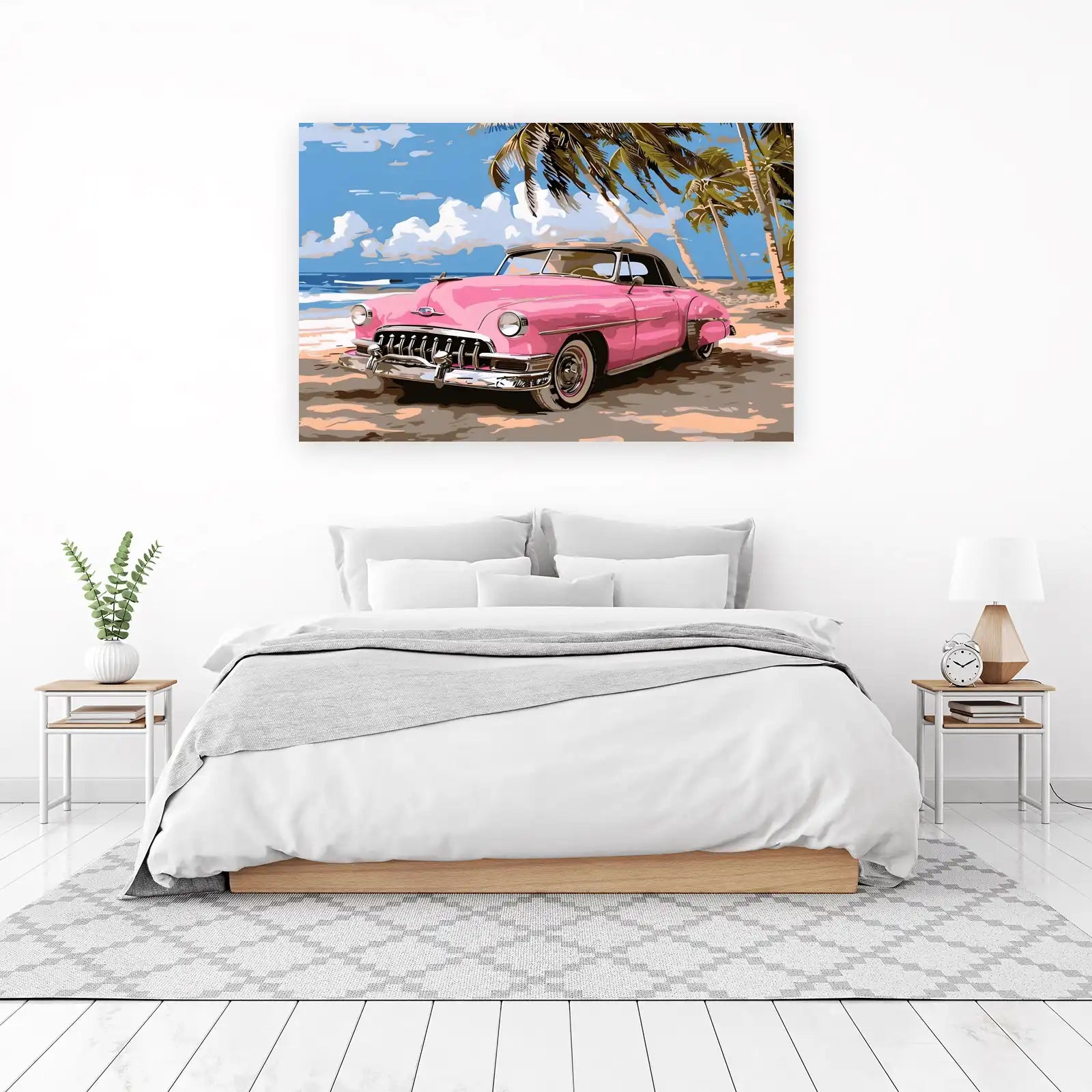 Retro Pink Convertible Beach Scene Wall Art