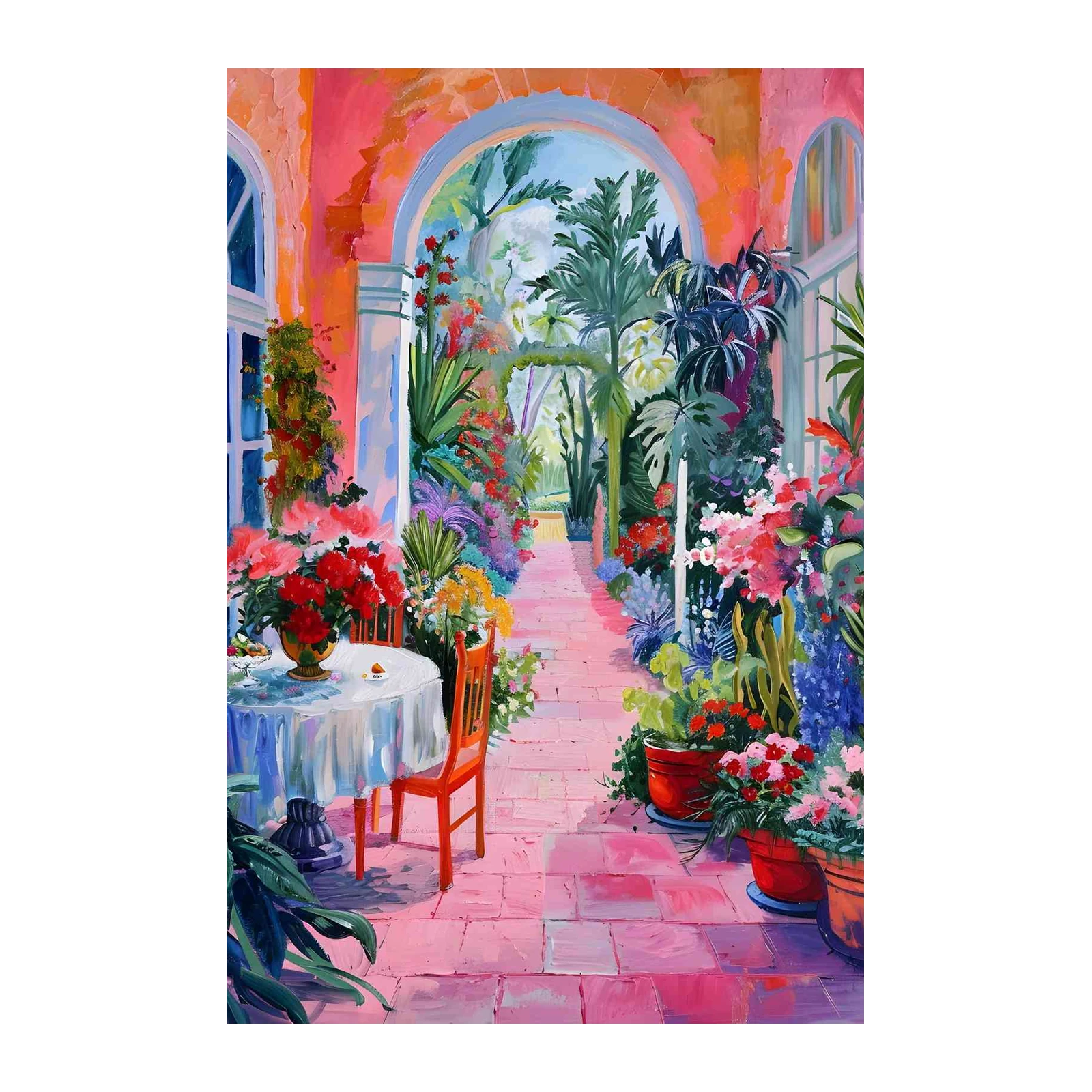 Vibrant Garden Terrace Oil Painting Wall Art