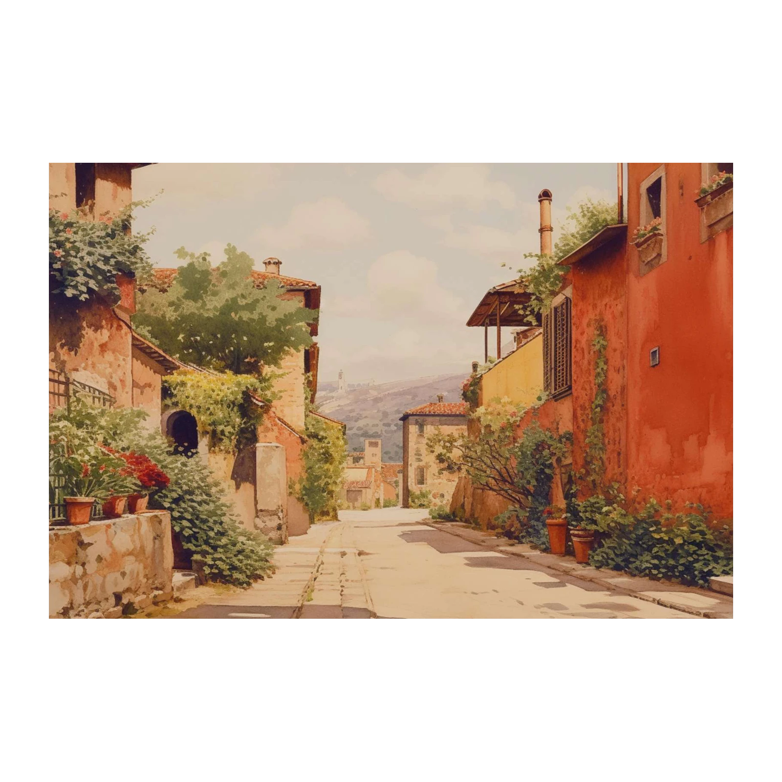 Italian Village Street Landscape Watercolor Wall Art