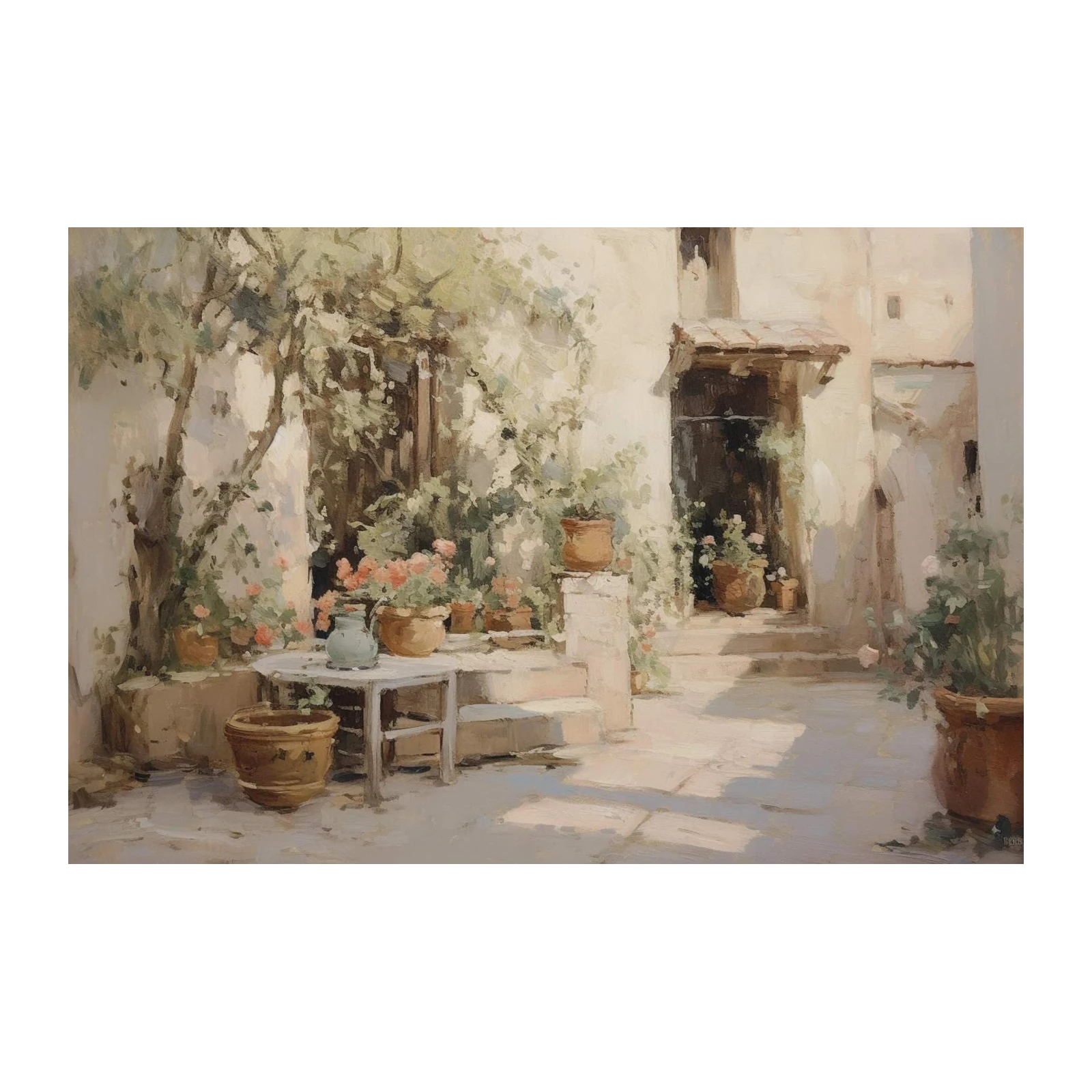 Serene Courtyard Floral Painting Wall Art