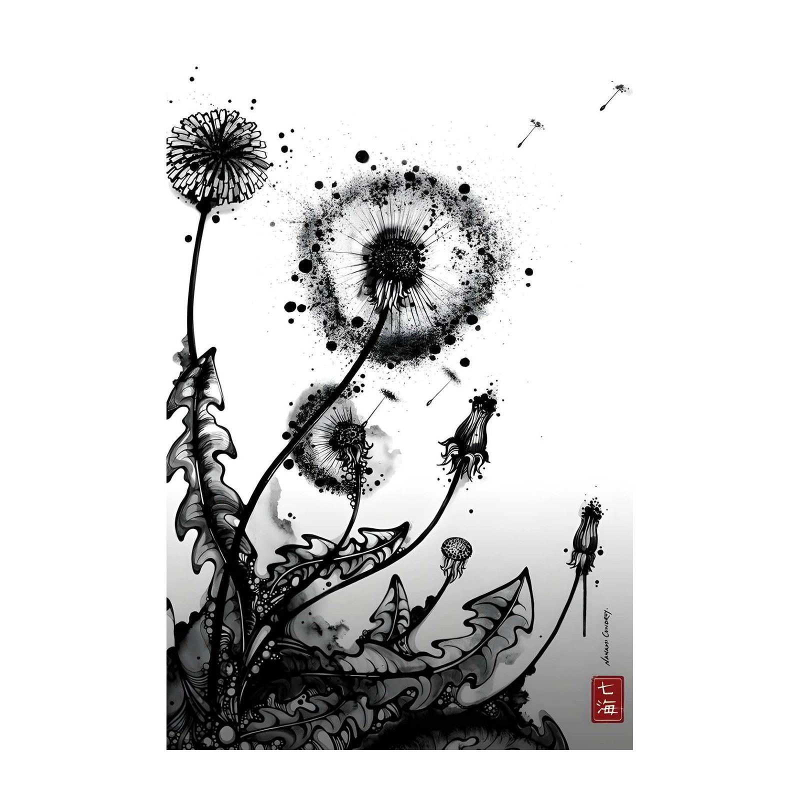 Ink Dandelion Bloom Wall Art | Modern Wall Art