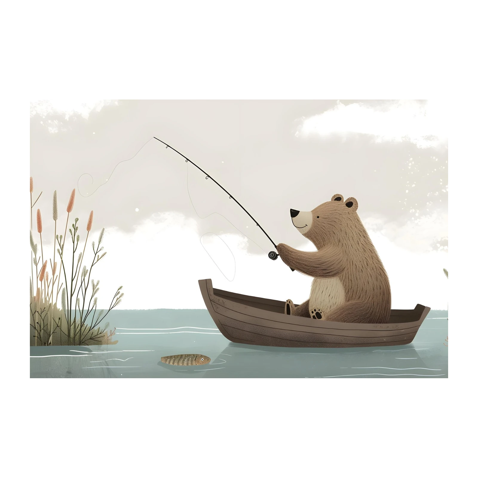 Whimsical Bear Fishing Boat Adventure Wall Art