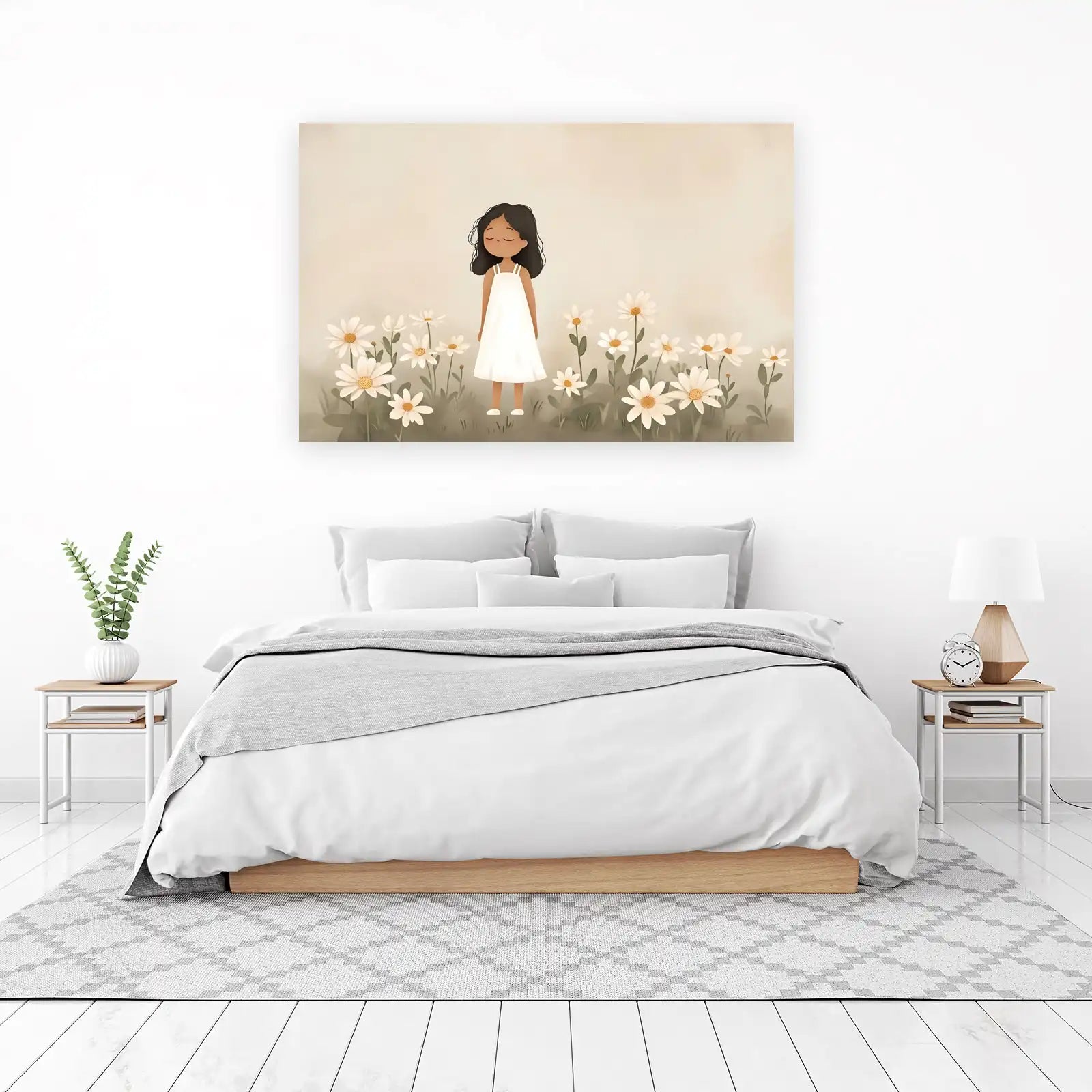 Serene Girl Daisy Field Wall Art