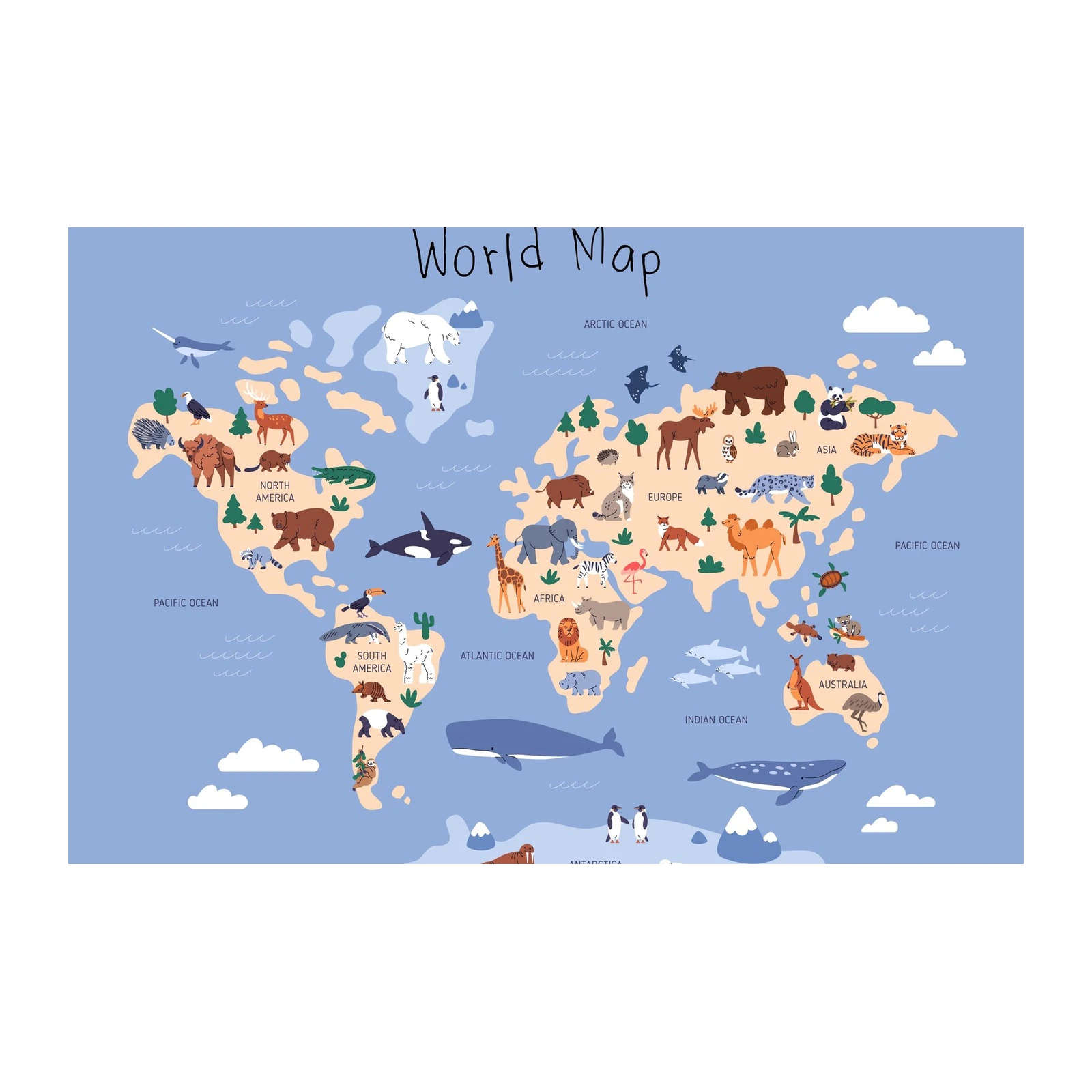 Kids World Map Animal Adventure Wall Art