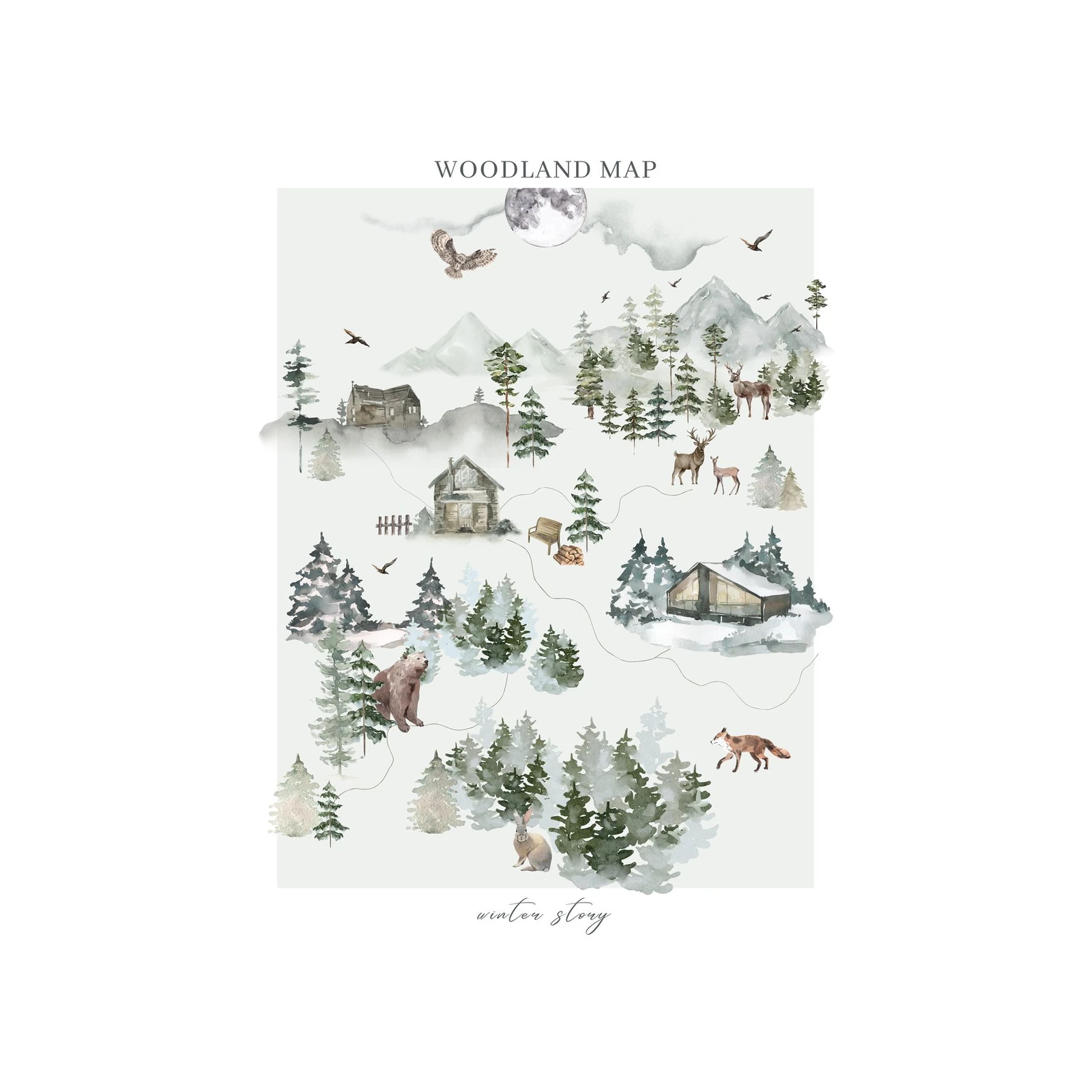 Enchanting Woodland Map Winter Story Wall Art