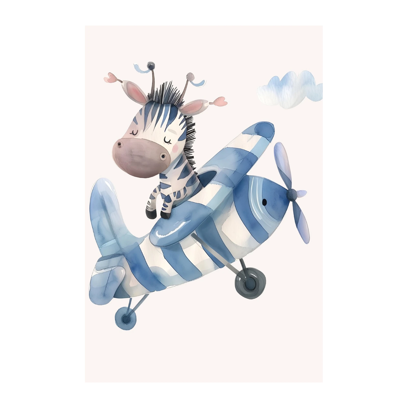 Cute Zebra Pilot Airplane Watercolor Wall Art