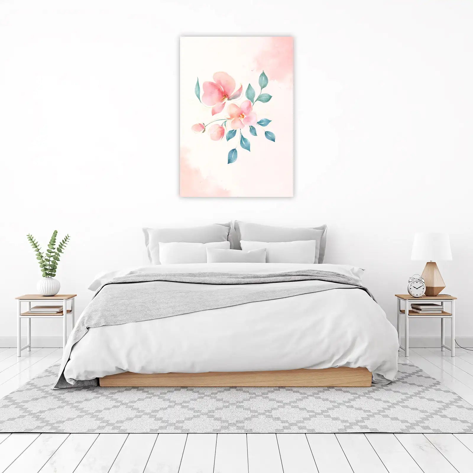 Soft Pink Floral Watercolour Gold Outline Wall Art