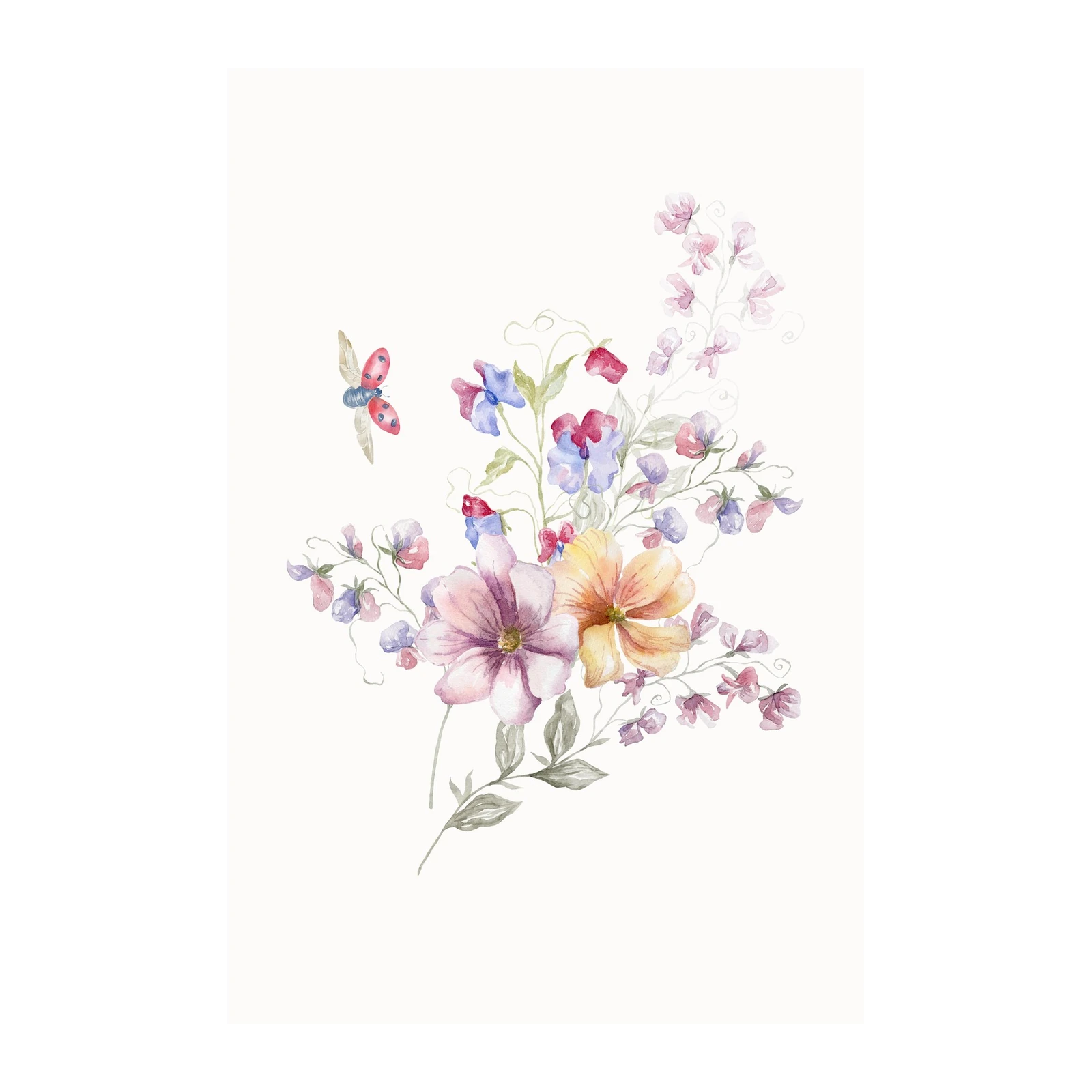 Sweet Pea & Ladybug Watercolor Floral Wall Art