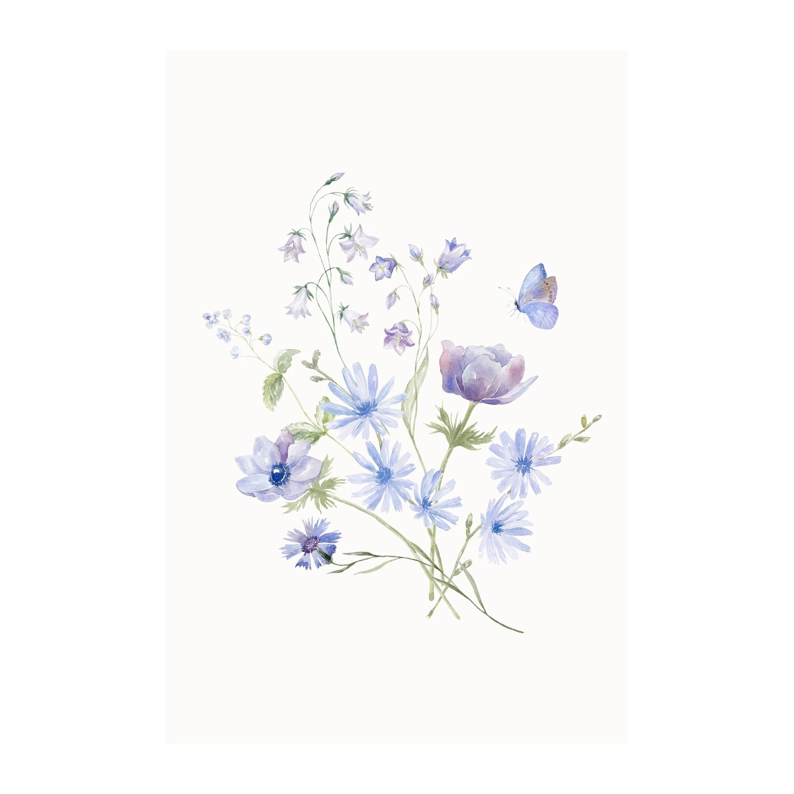 Soft Blue Floral Butterfly Watercolor Wall Art