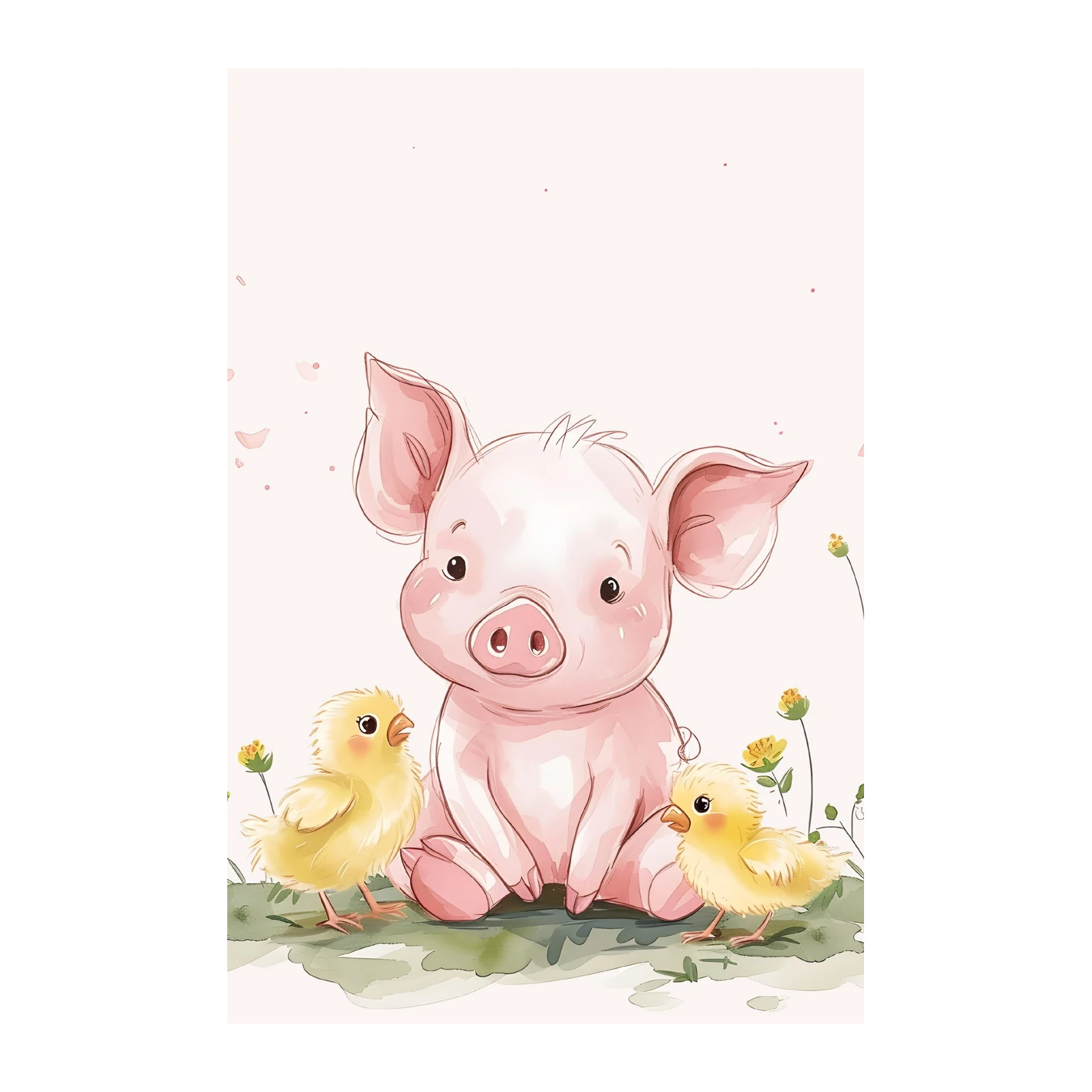 Adorable Pig & Chicks Watercolor Wall Art