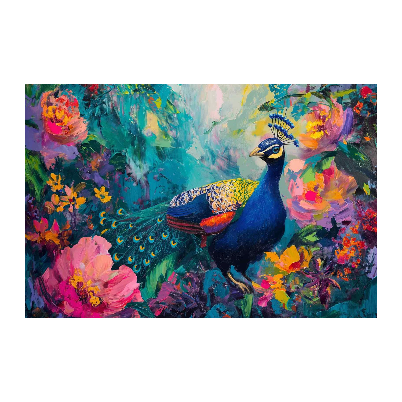 Vibrant Peacock & Flowers Wall Art