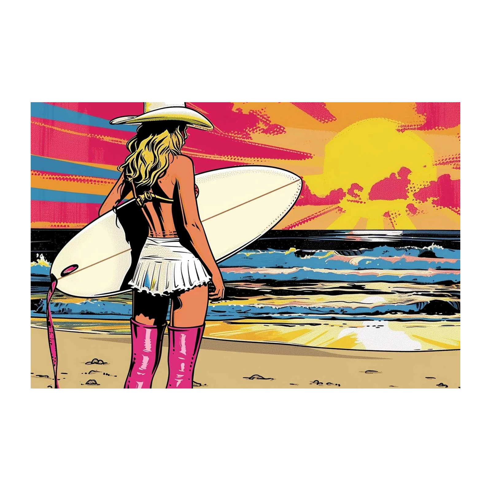 Vibrant Surfer Girl Beach Sunset Wall Art