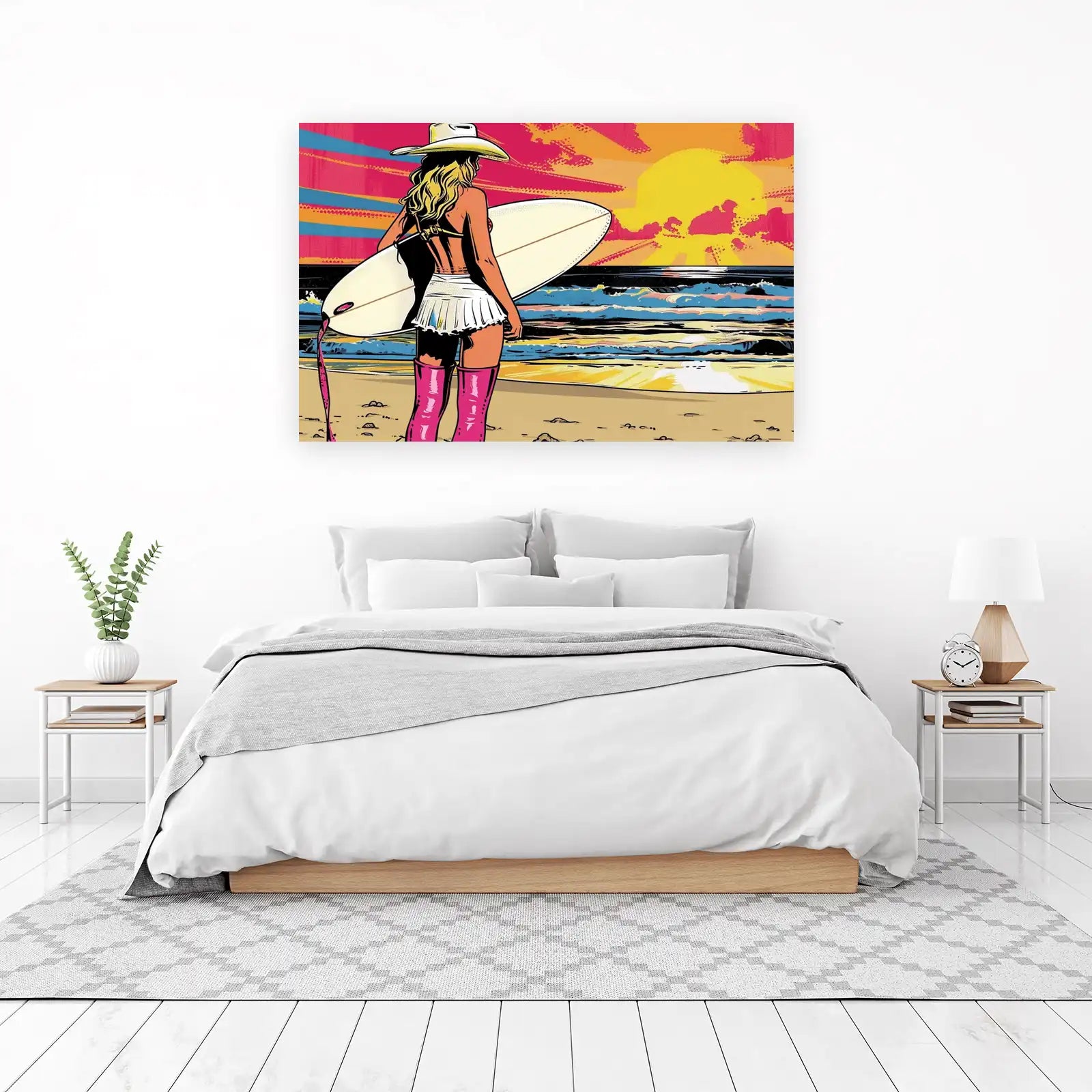 Vibrant Surfer Girl Beach Sunset Wall Art