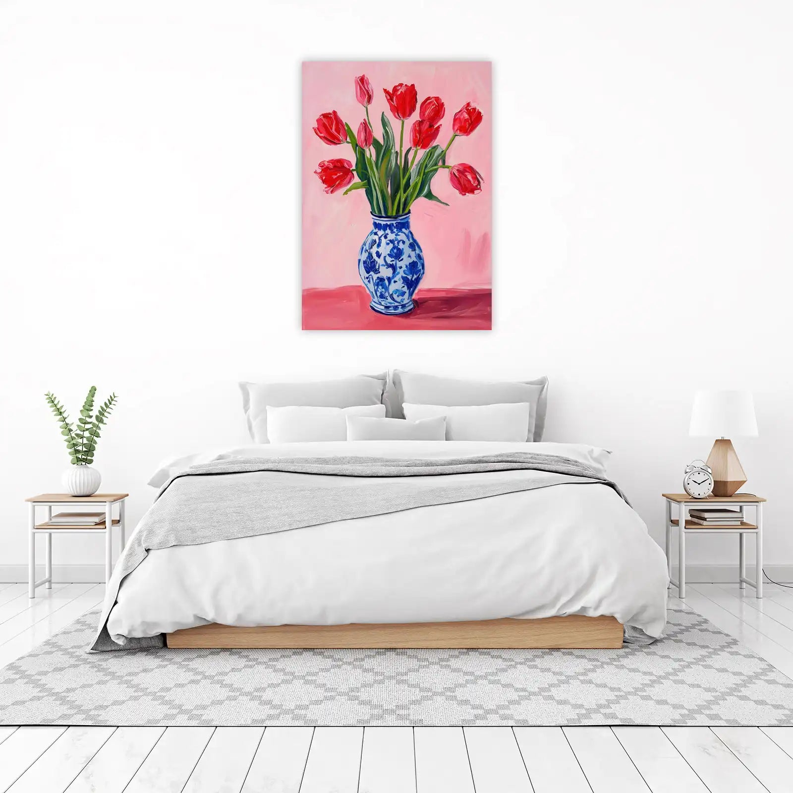 Vibrant Red Tulips in Blue Vase Wall Art