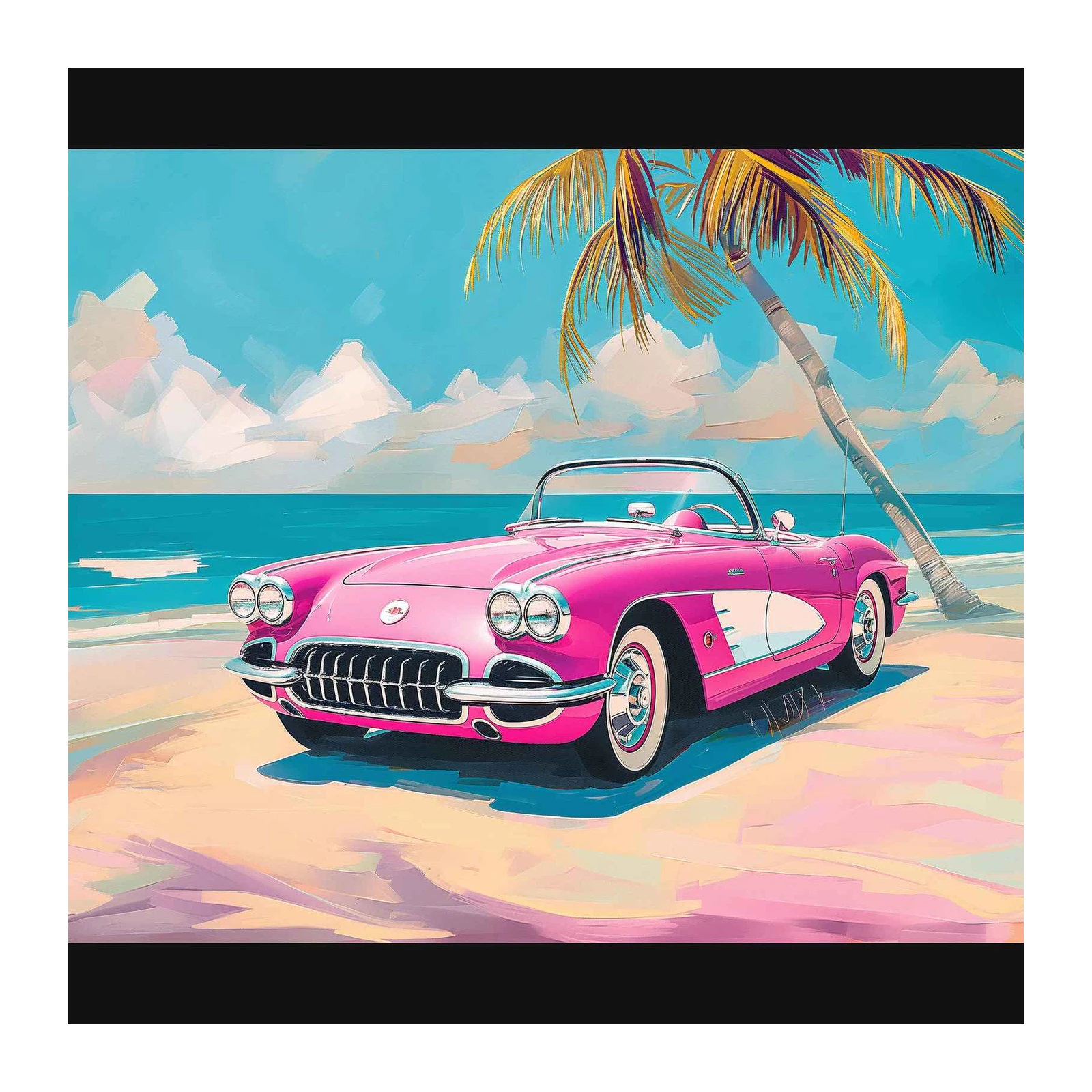 Retro Pink Corvette Beach Wall Art