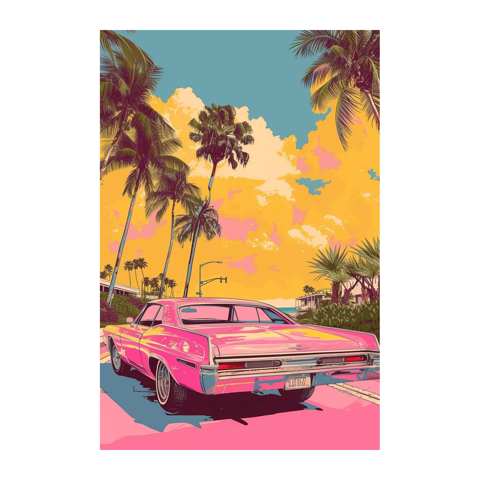 Retro Pink Classic Car Palm Trees Wall Art
