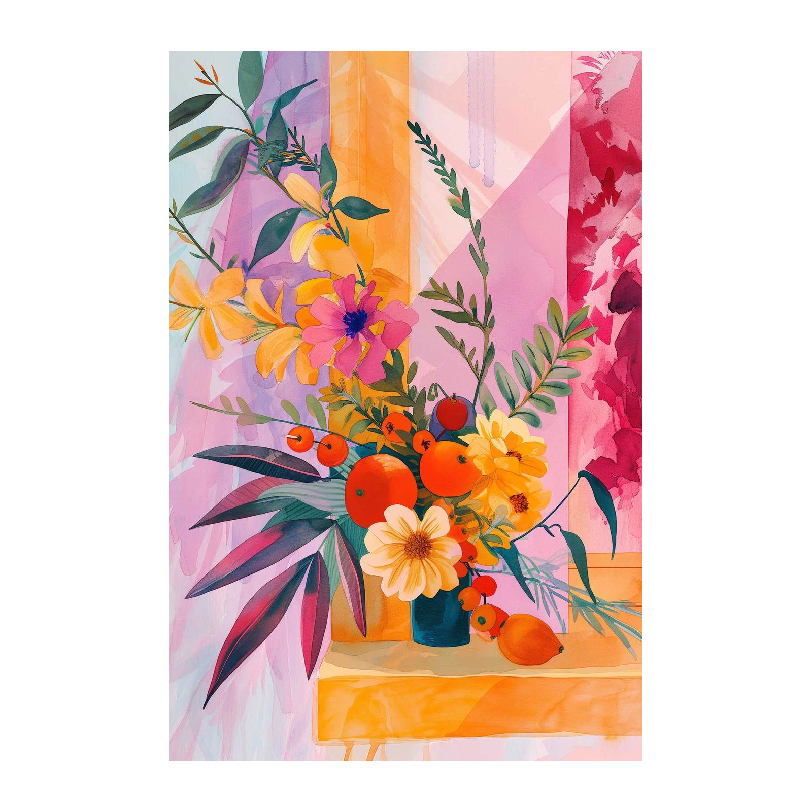 Vibrant Floral Still Life Watercolor Wall Art