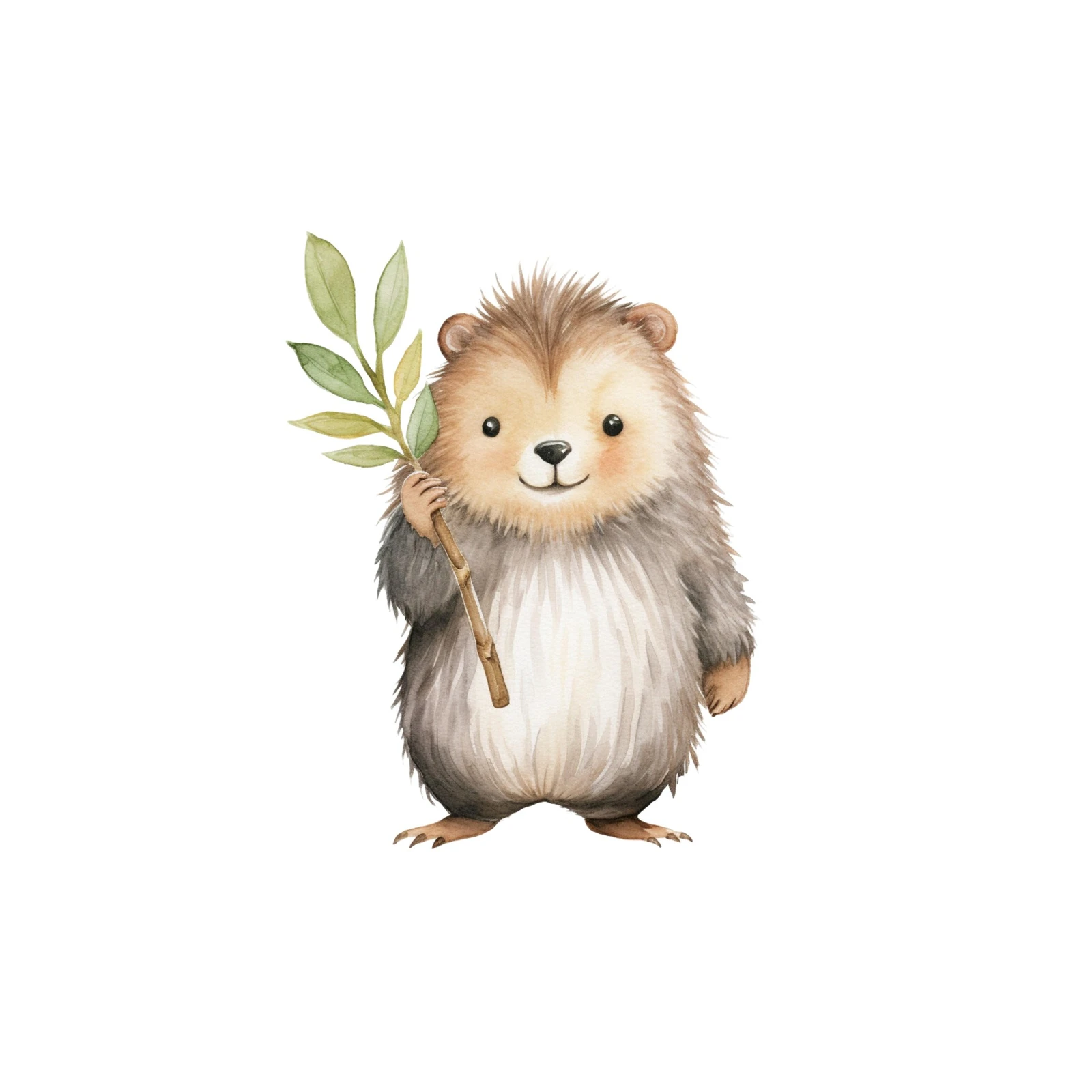 Cute Hedgehog with Leaf Watercolor Wall Art