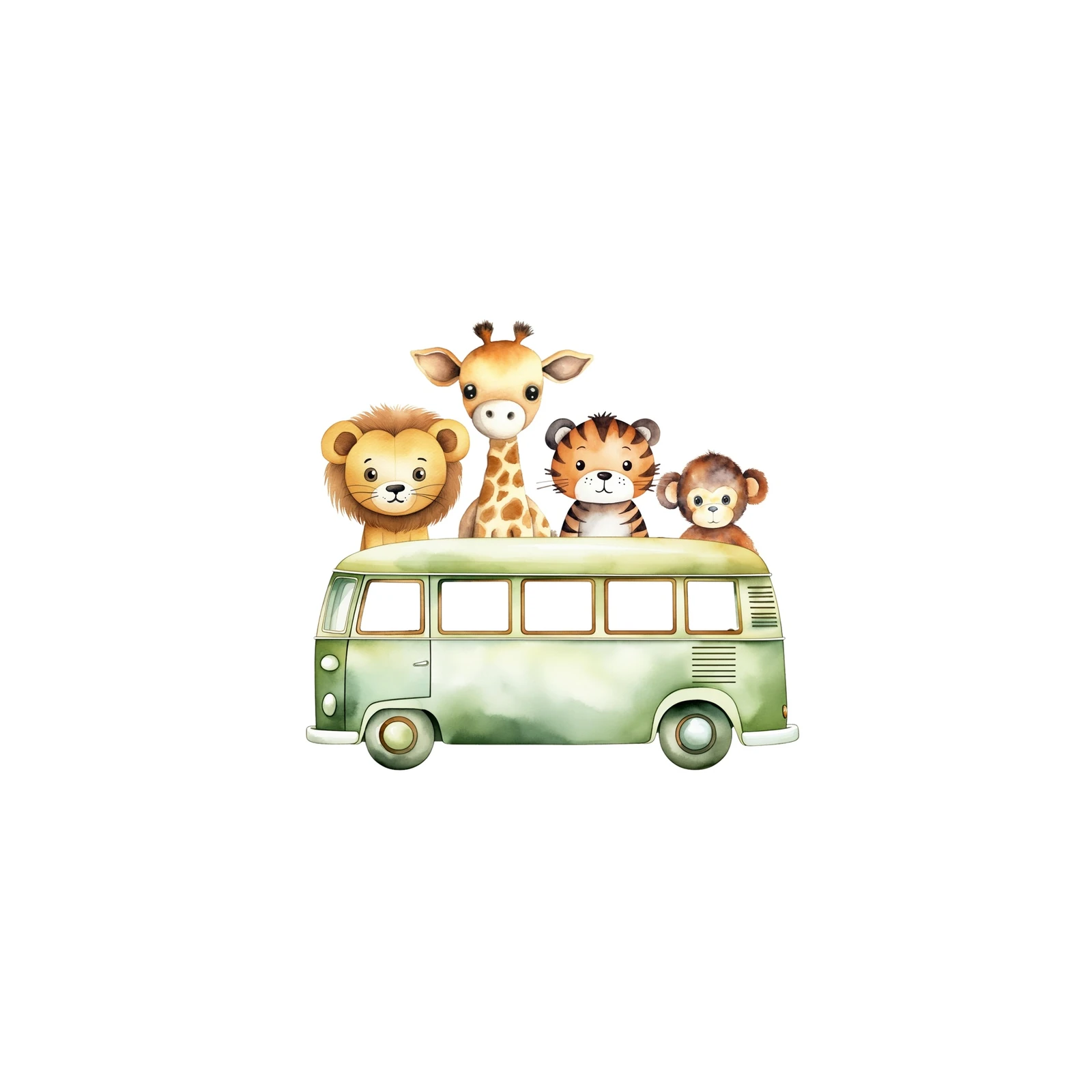 Cute Safari Animals Van Watercolor Wall Art