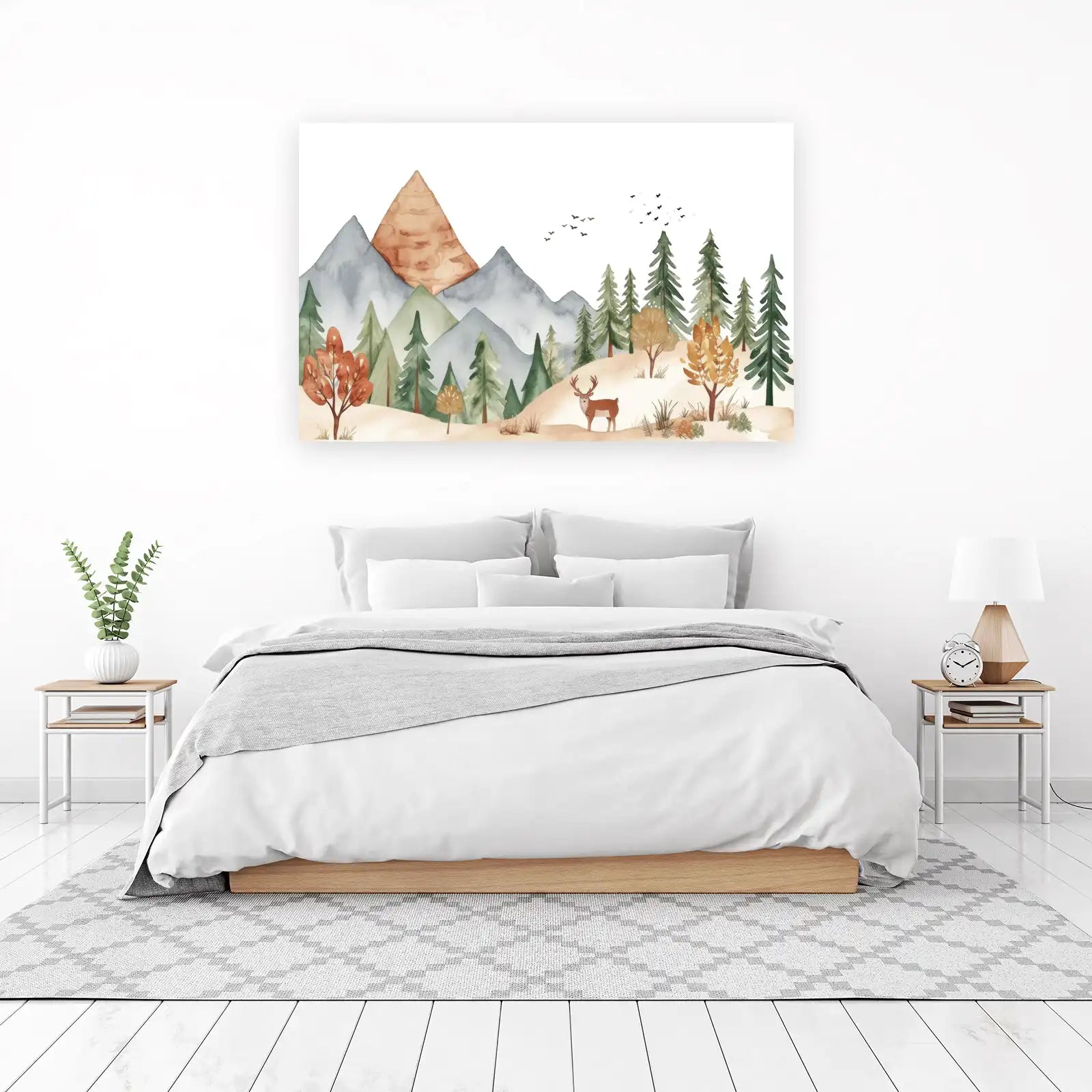 Watercolor Mountain Deer Forest Wall Art