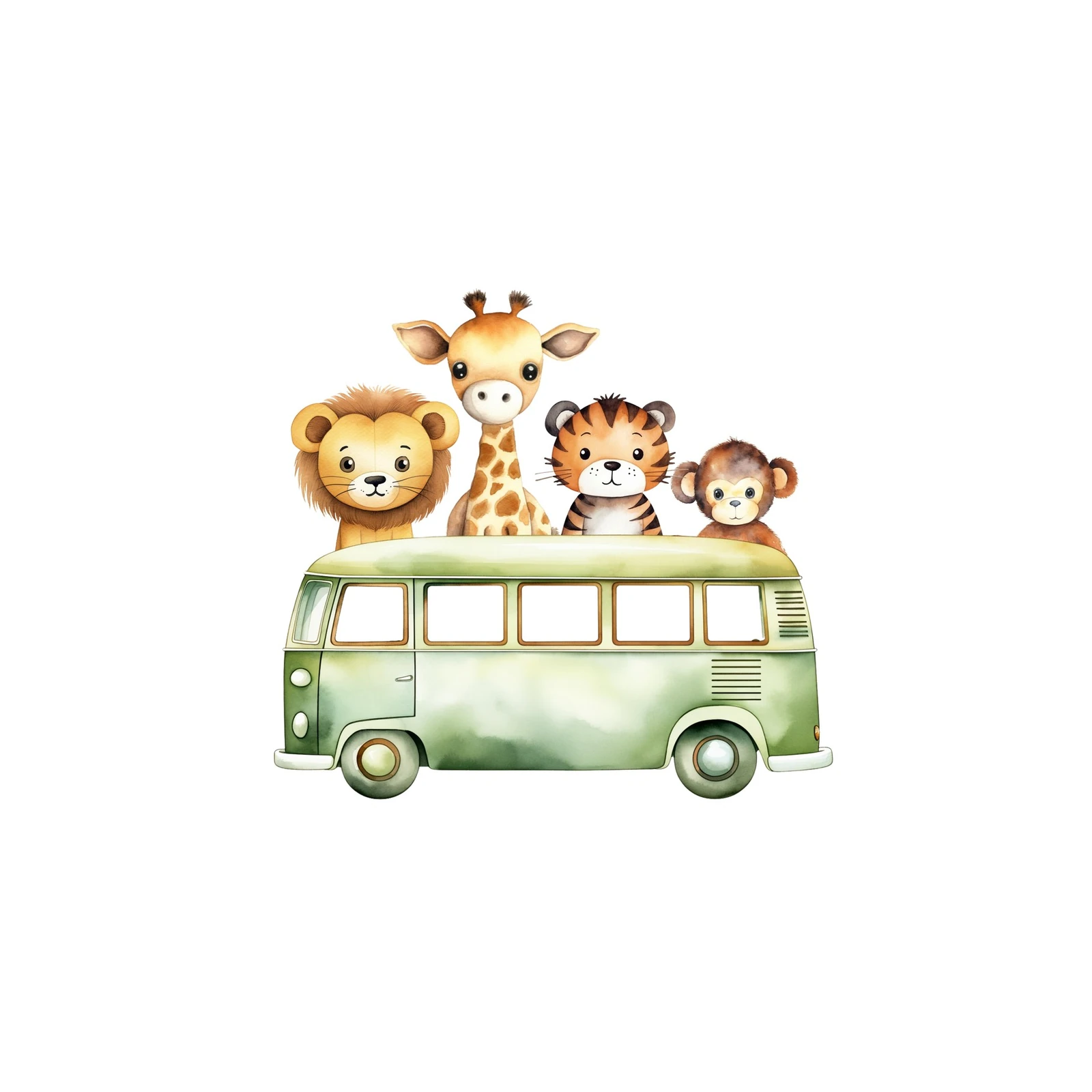 Adorable Safari Animals Van Watercolor Wall Art