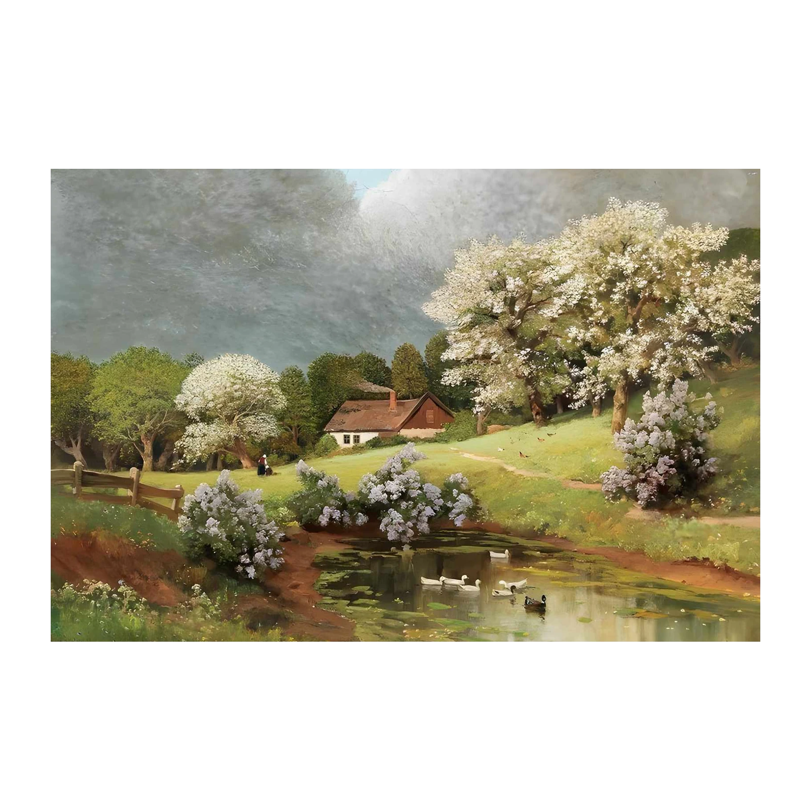 Pastoral Spring Cottage & Pond Wall Art