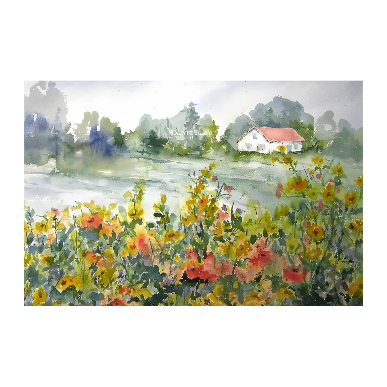 Serene Countryside Watercolor Wall Art