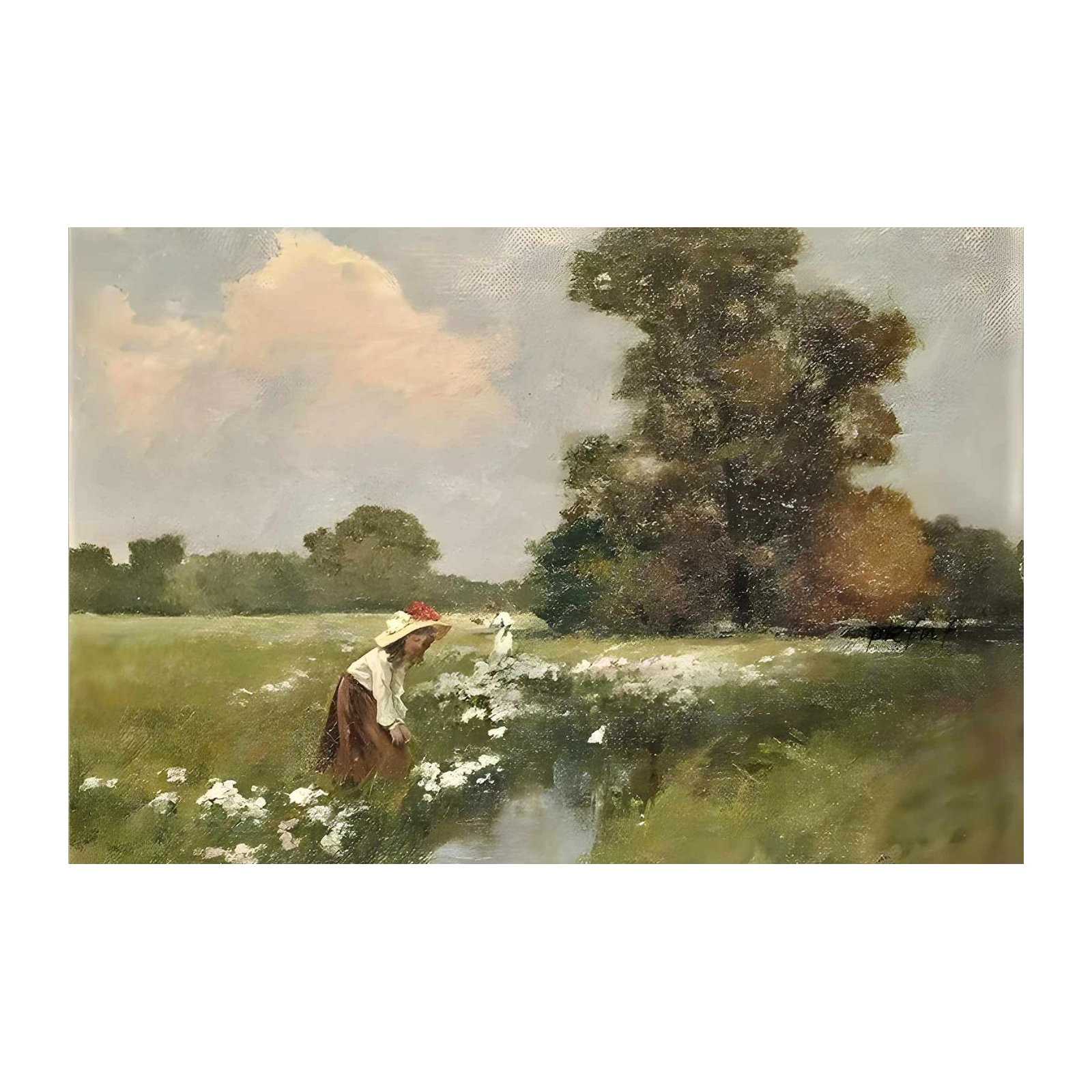 Serene Meadow Girl & Geese Wall Art