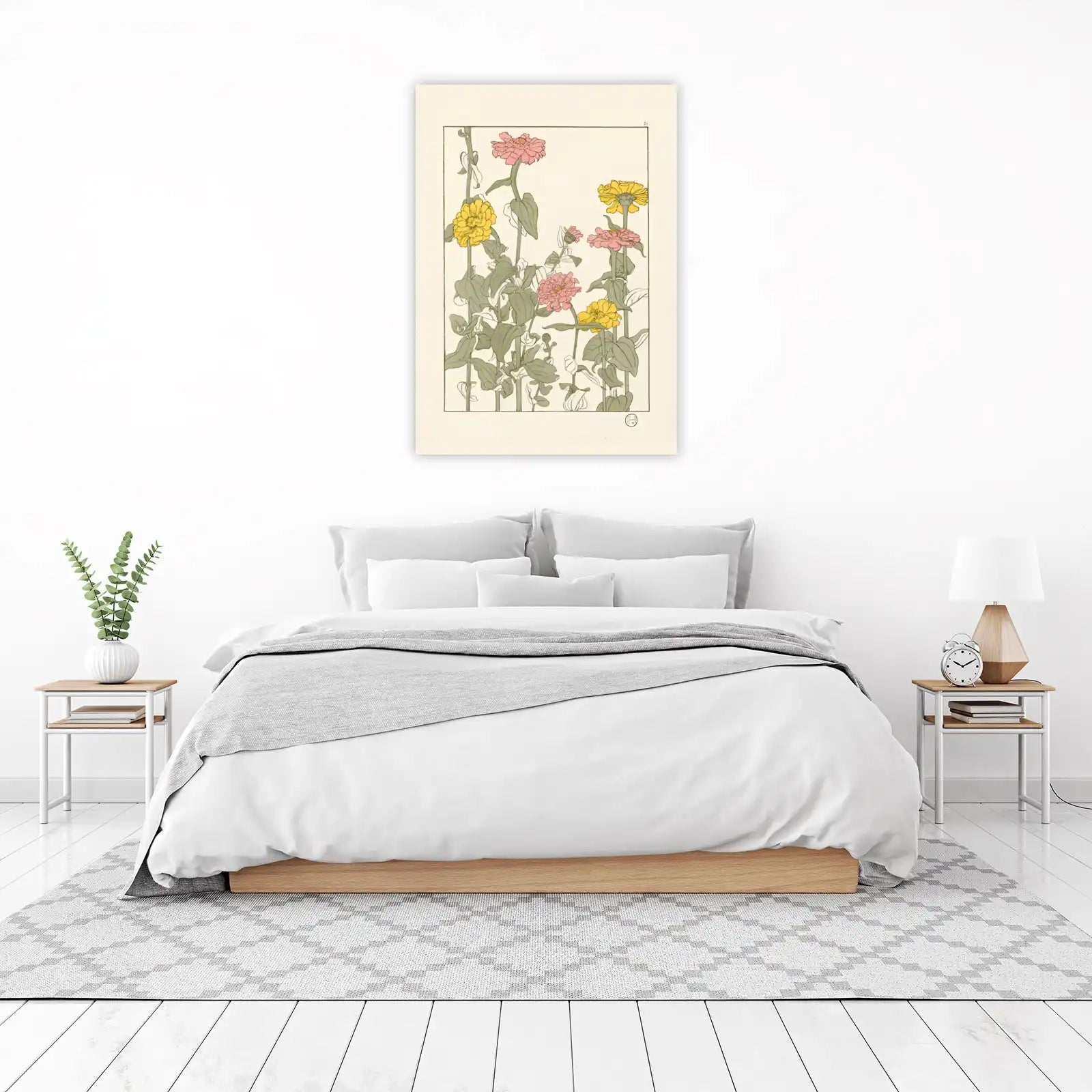 Vintage Floral Art Pink Yellow Zinnia Wall Art