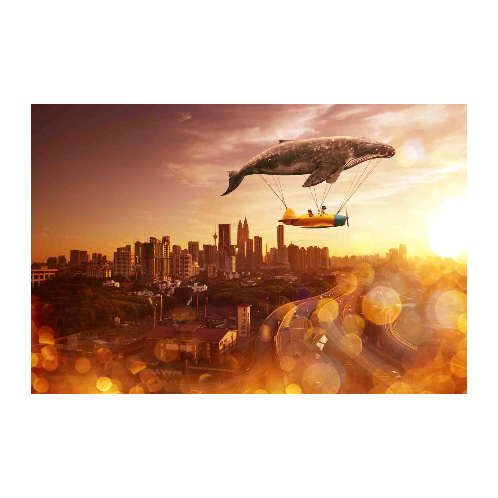 Whimsical Whale Flight Cityscape Wall Art