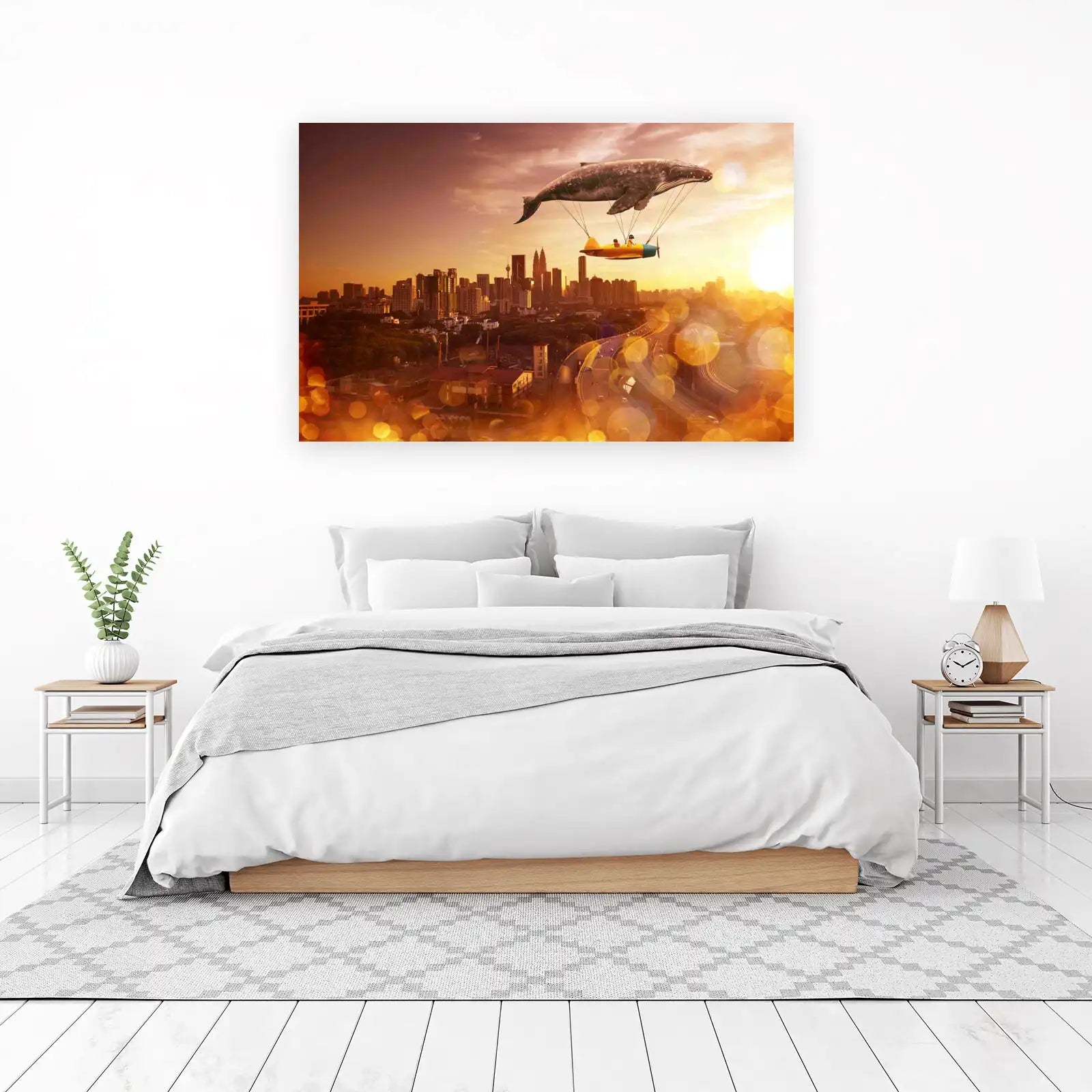 Whimsical Whale Flight Cityscape Wall Art