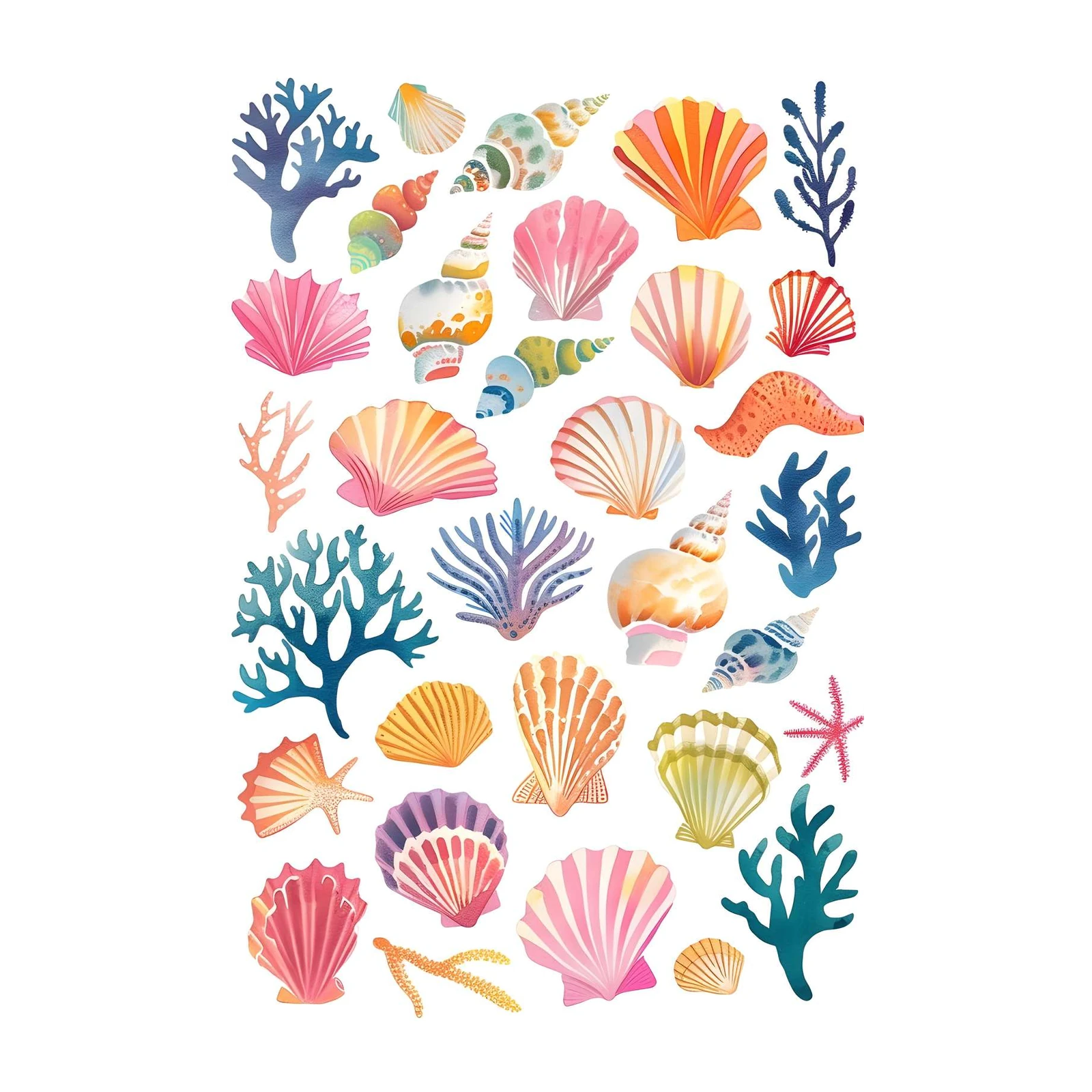 Vibrant Seashell & Coral Watercolor Wall Art