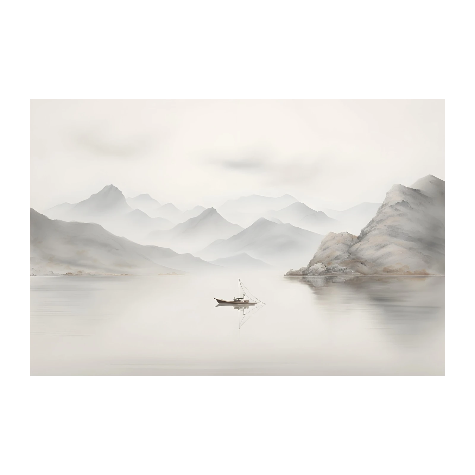 Serene Misty Mountains & Boat Wall Art