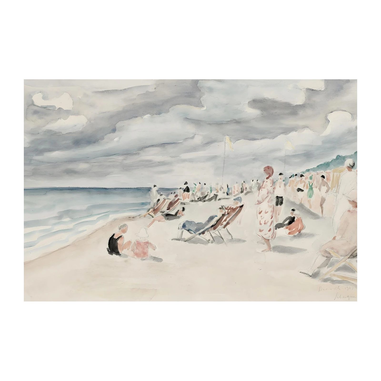 Vintage Beach Scene Watercolor Wall Art
