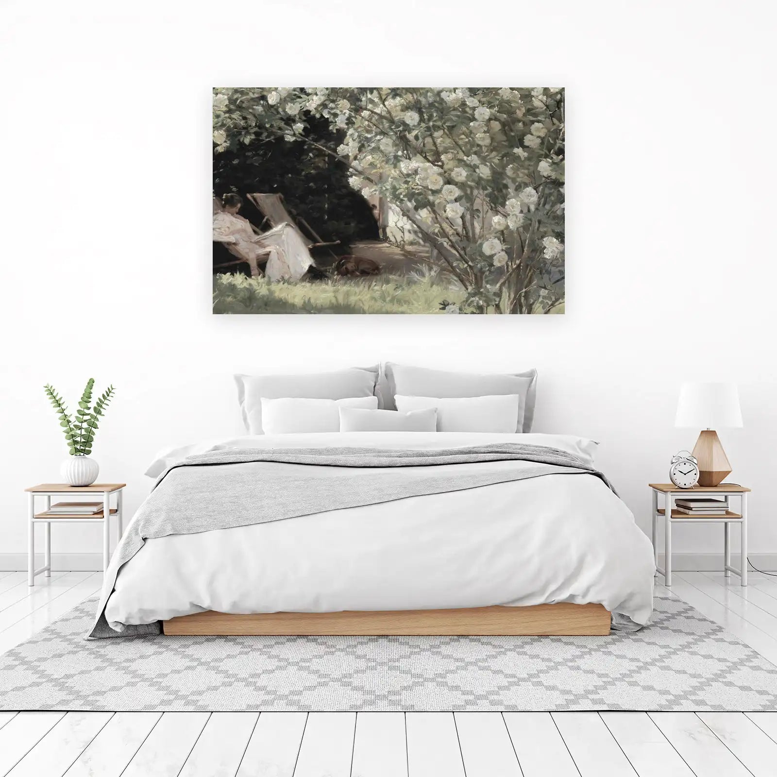 Serene Garden Scene with Woman & Dog Wall Art