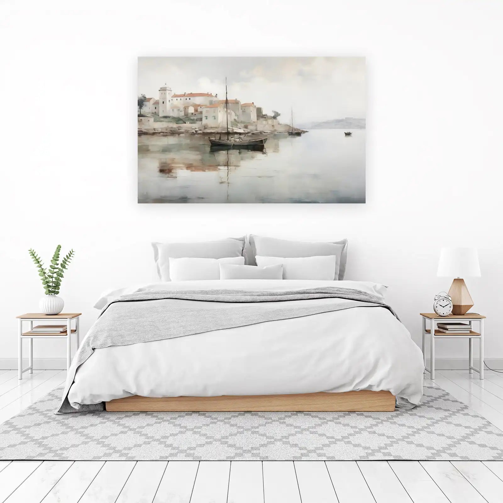 Serene Coastal Village Sailboat Wall Art