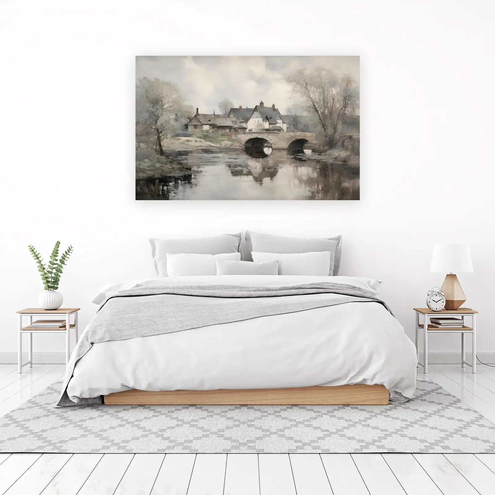 Serene Village Bridge Landscape Wall Art